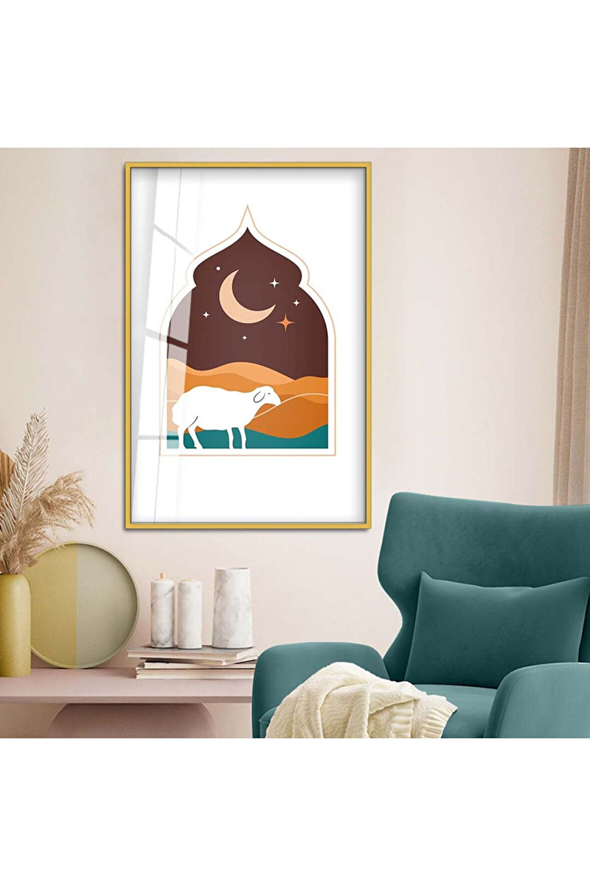 Gümüş Metal Çerçeveli Modern Çizim Koyun Figür Kırılmaz Cam Tablo