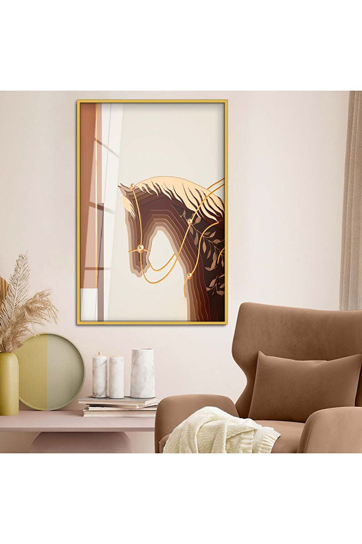 Gümüş Metal Çerçeveli Modern Çizim At Figür Kırılmaz Cam Tablo