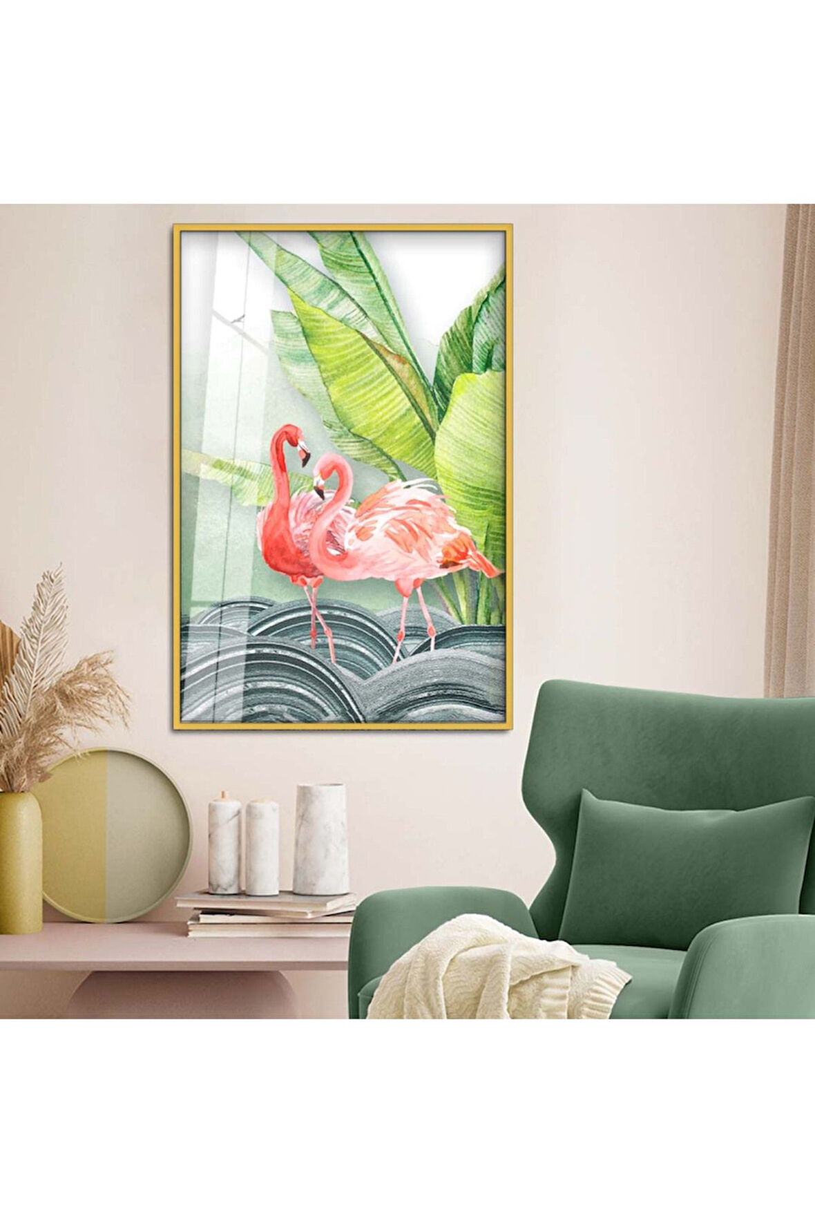 Gümüş Metal Çerçeveli Modern Çizim Flamingo Figür Kırılmaz Cam Tablo