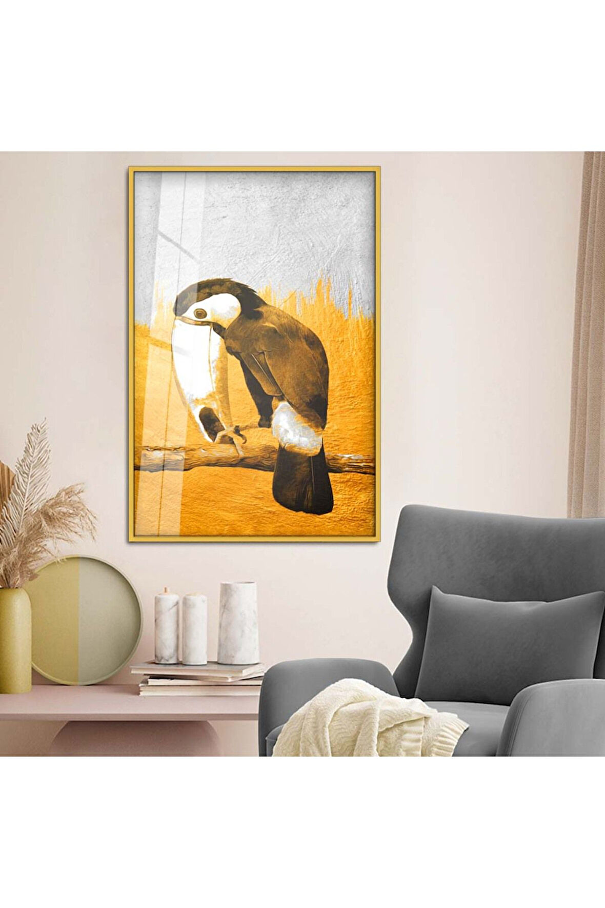 Siyah Metal Çerçeveli Modern Çizim Papağan Figür Kırılmaz Cam Tablo