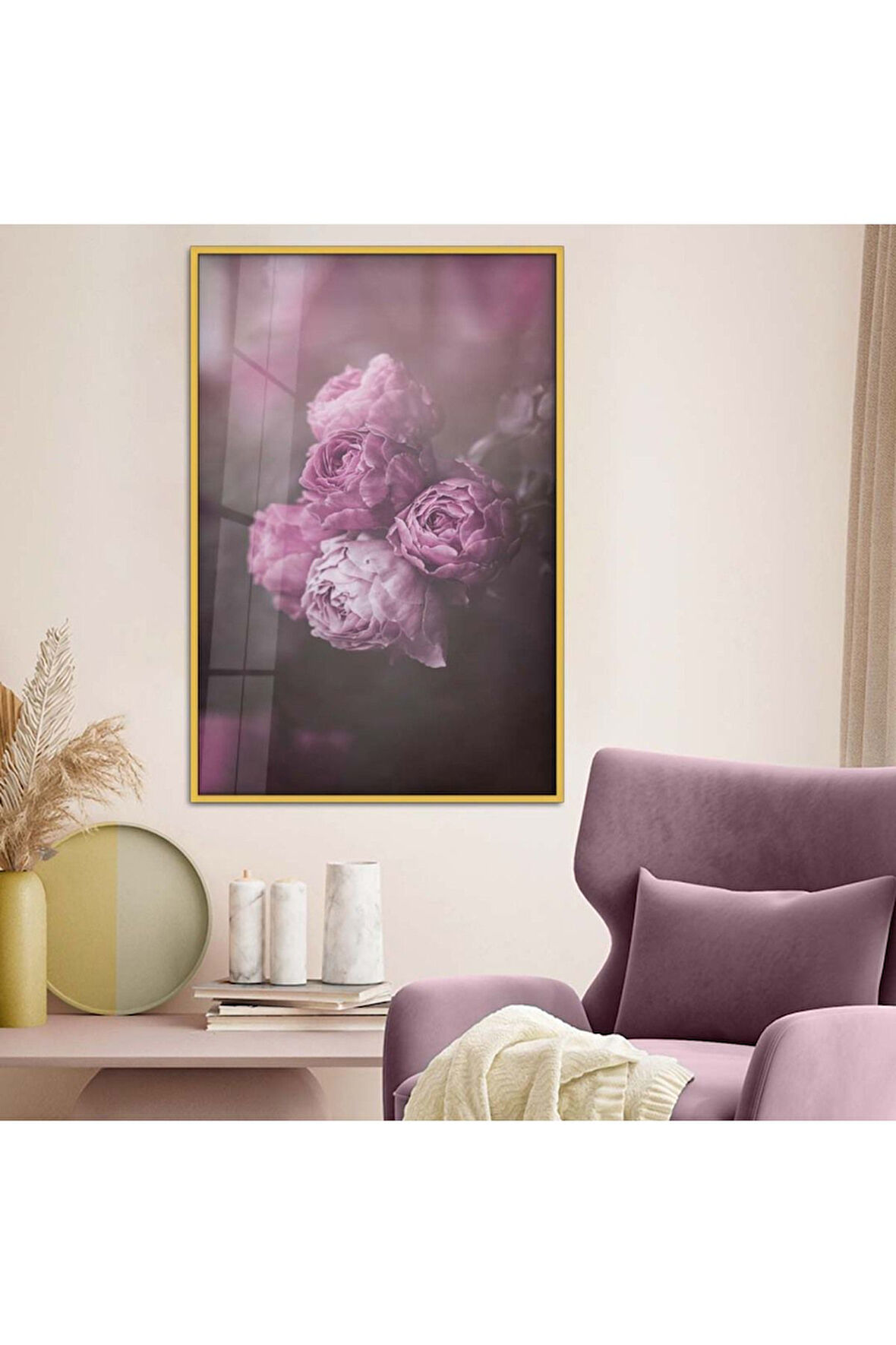 Gümüş Metal Çerçeveli Renkli Çiçek Buketi Kırılmaz Cam Tablo