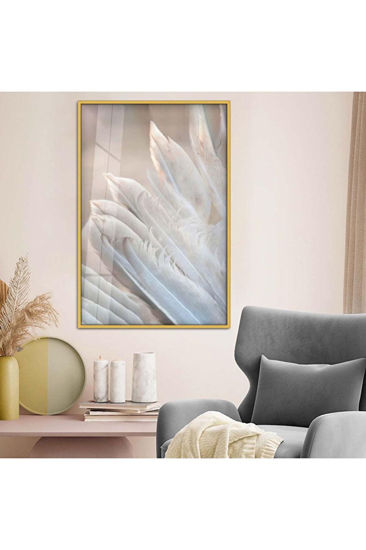 Gümüş Metal Çerçeveli Beyaz Kuş Tüyü Kırılmaz Cam Tablo