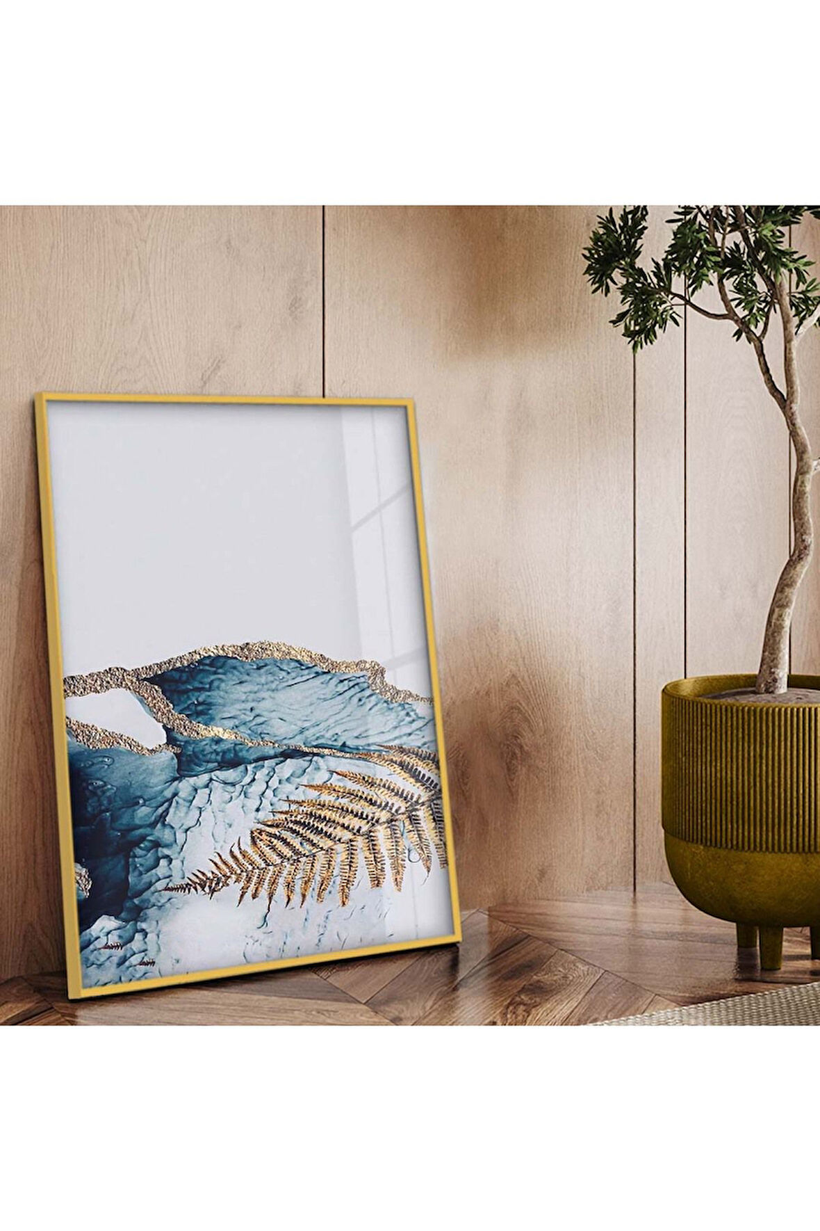 Gold Metal Çerçeveli Modern Çizim Yaprak Desen Kırılmaz Cam Tablo