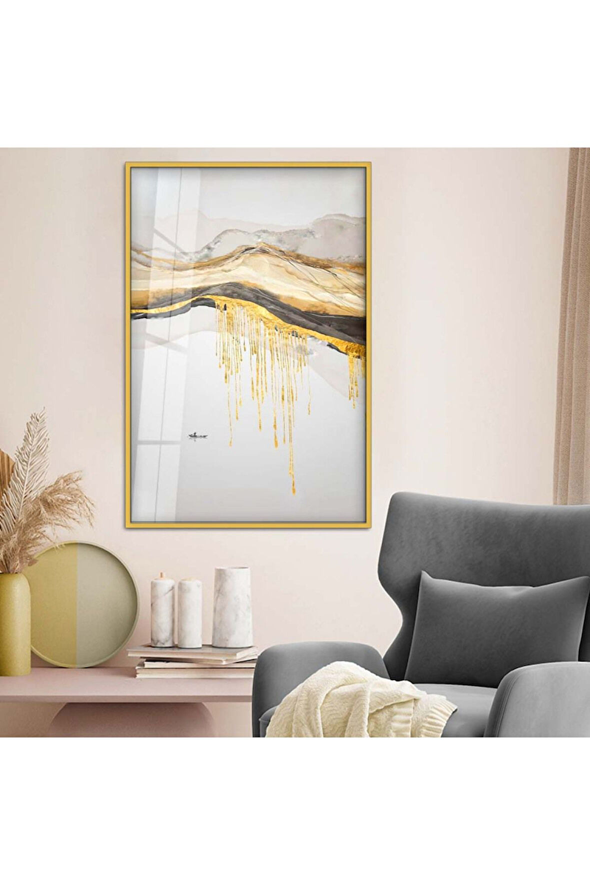 Gümüş Metal Çerçeveli Kolaj Çizim Soyut Tema Kırılmaz Cam Tablo