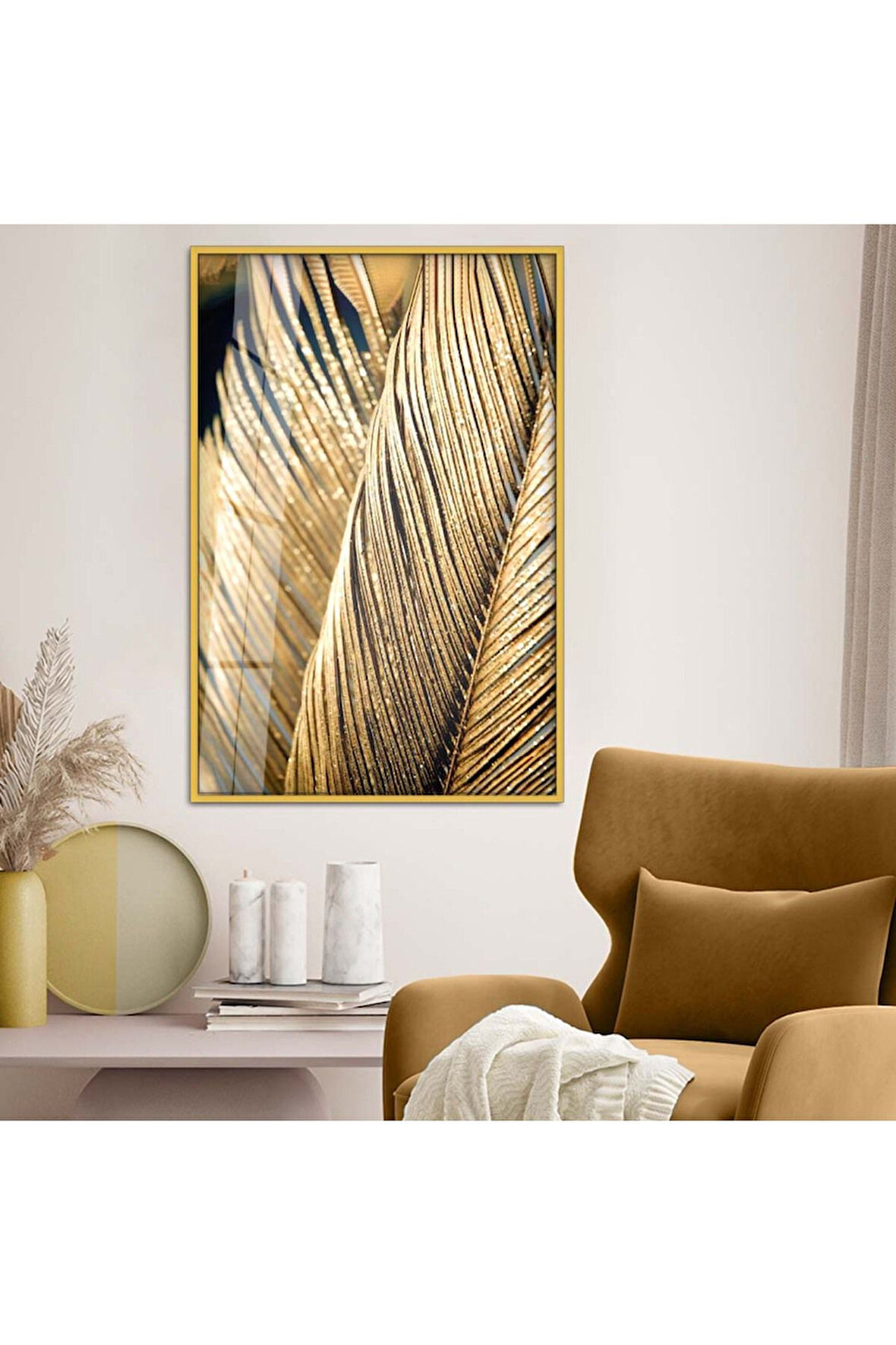 Siyah Metal Çerçeveli Modern Çizim Gold Yaprak Tema Kırılmaz Cam Tablo