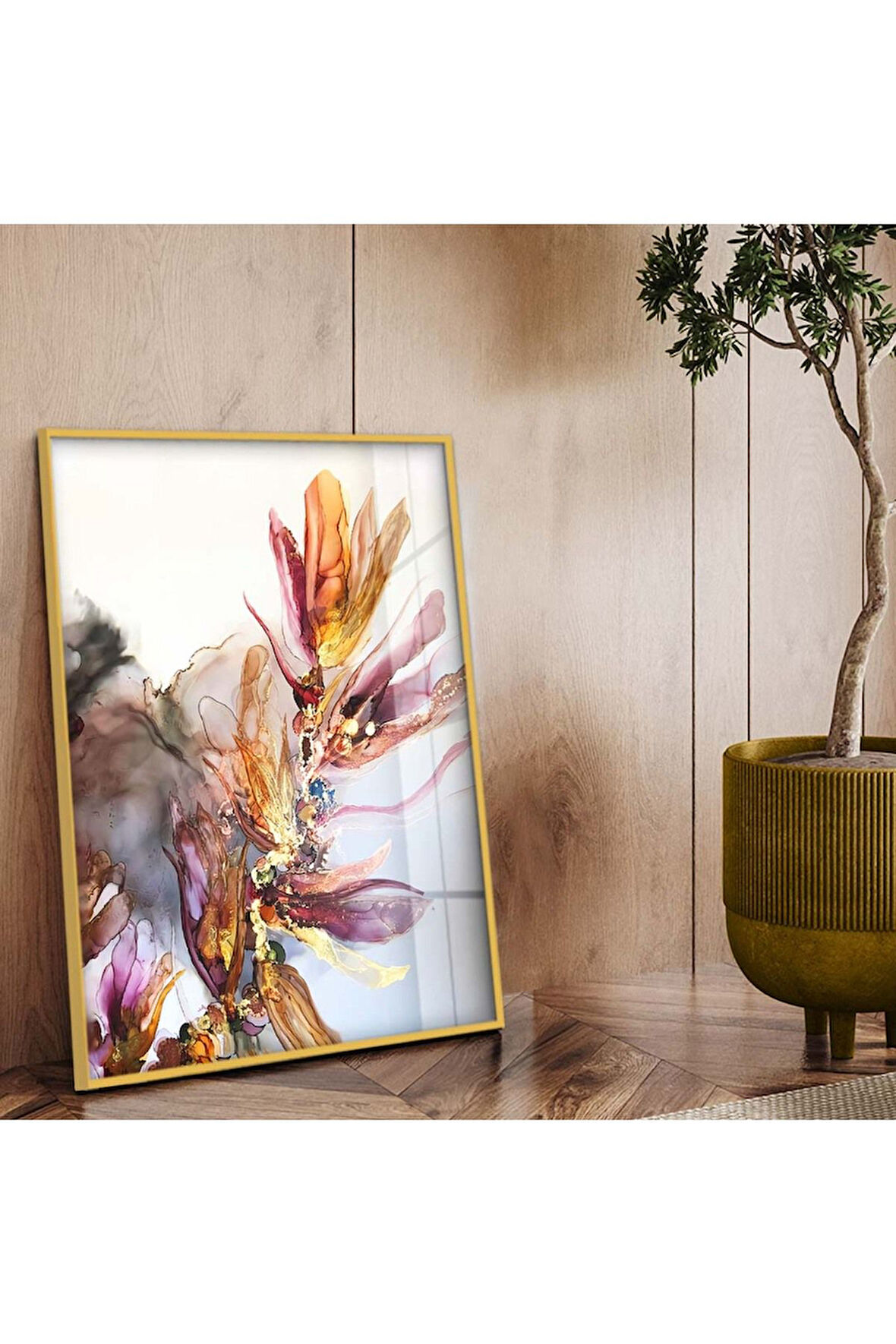Gold Metal Çerçeveli Modern Çizim Renklı Çiçek Kırılmaz Cam Tablo