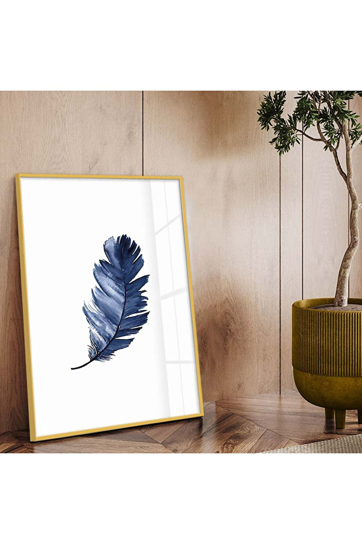 Gold Metal Çerçeveli Mavi Tüy Desen Kırılmaz Cam Tablo