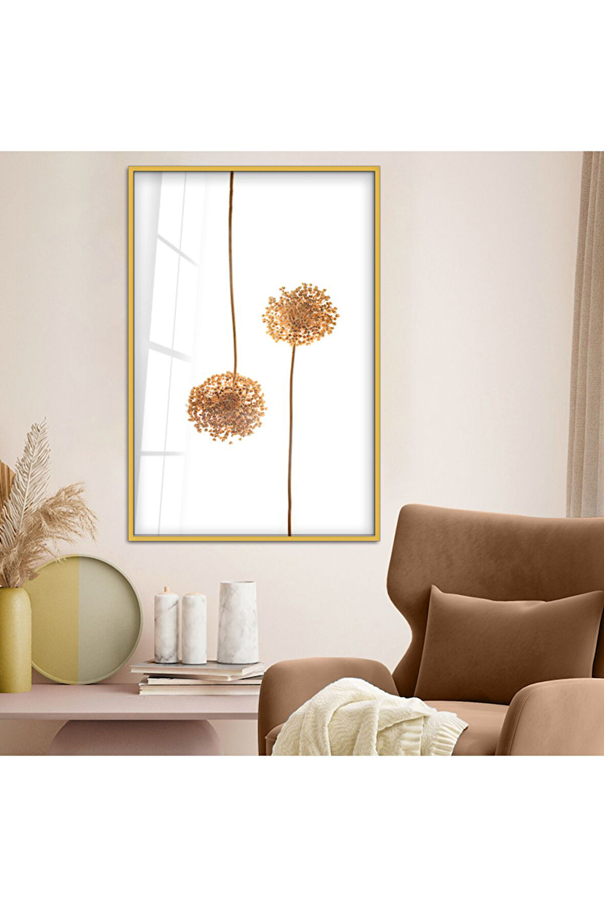 Gümüş Metal Çerçeveli Modern Çizim Çiçek Desen Kırılmaz Cam Tablo