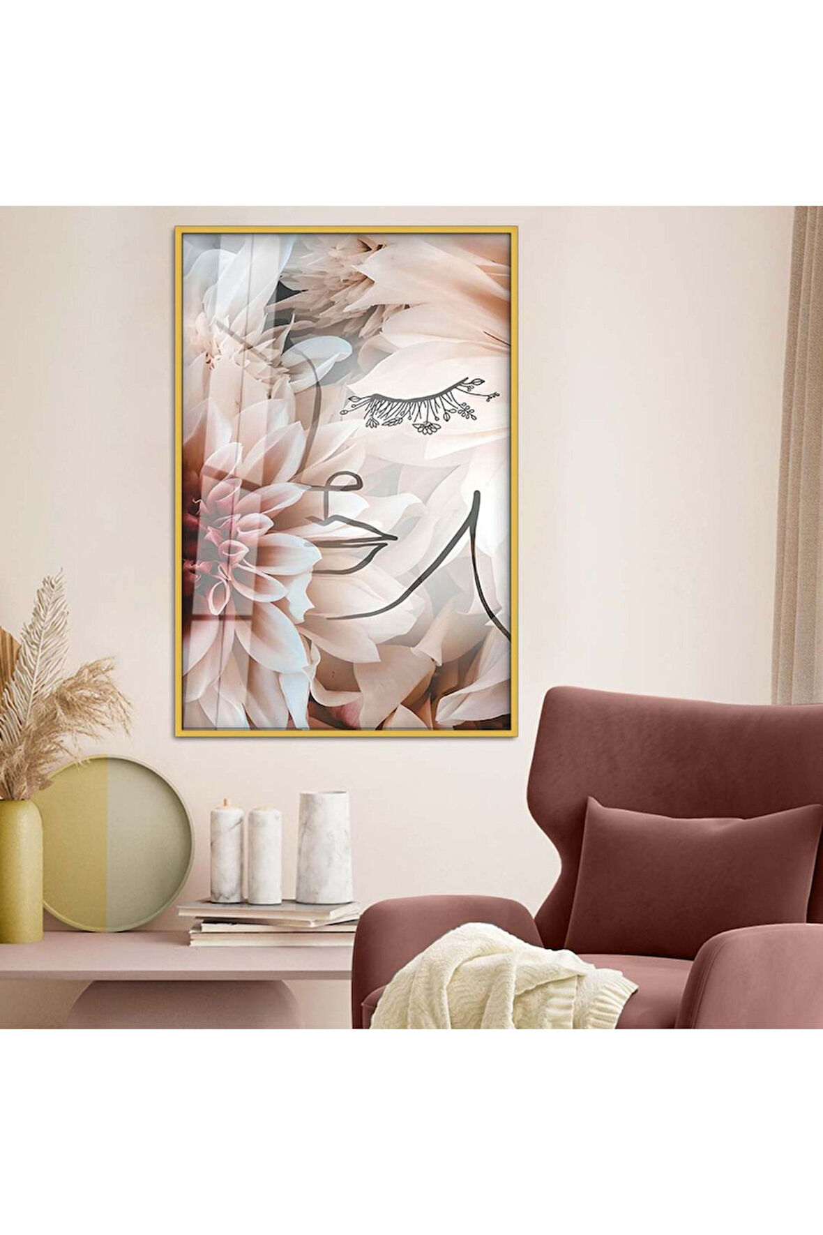 Gümüş Metal Çerçeveli Kolaj Çizim Çiçek Desen Kırılmaz Cam Tablo