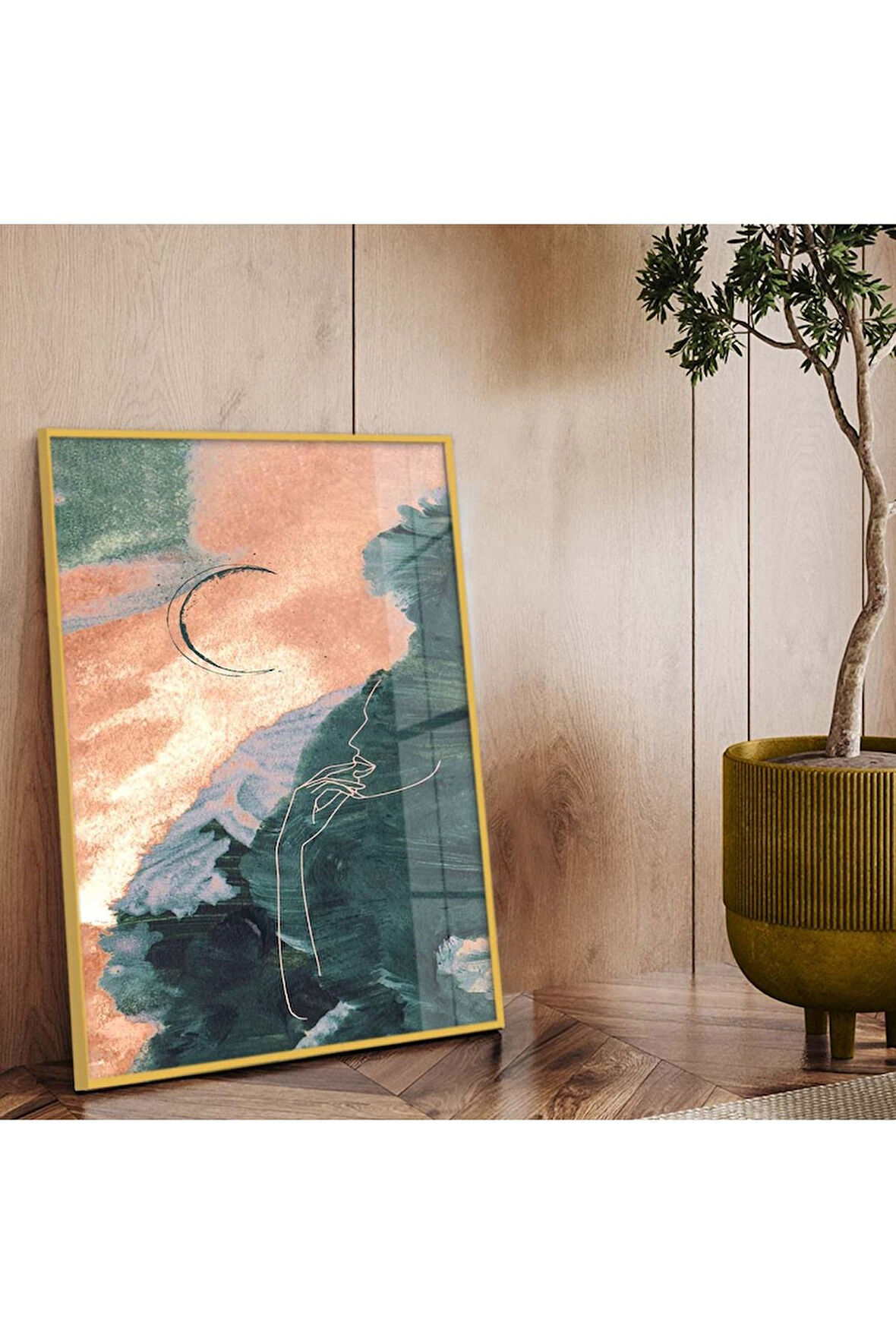 Gold Metal Çerçeveli Kolaj Çizim Kırılmaz Cam Tablo