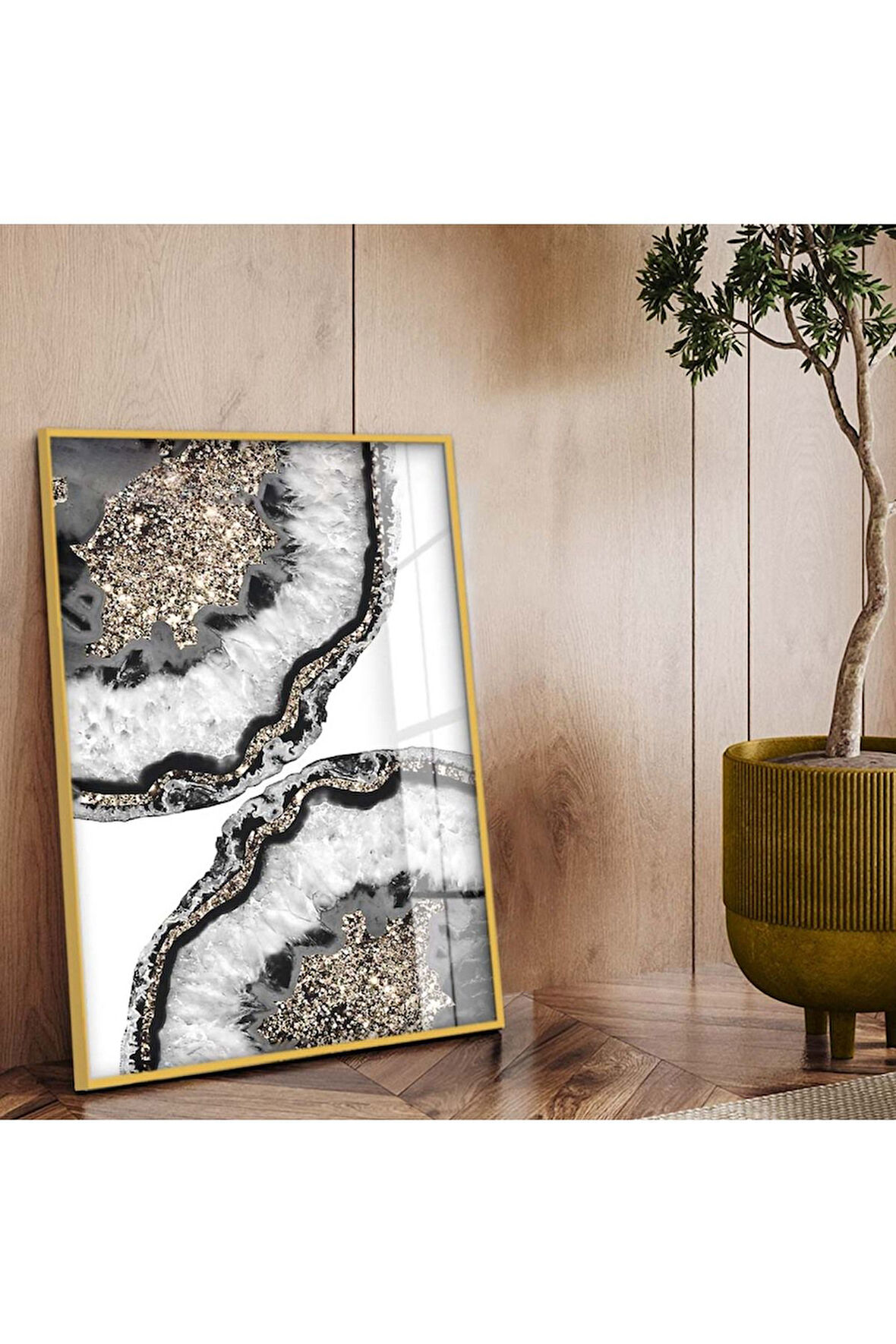 Gold Metal Çerçeveli Soyut Tema Modern Çizim Kırılmaz Cam Tablo