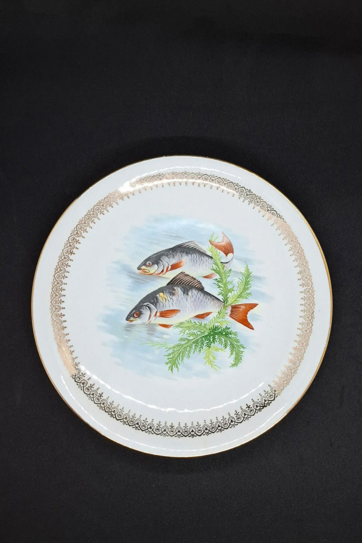 Fransız Veritable Balıklı Antika Porselen Servis Tabağı 24 cm