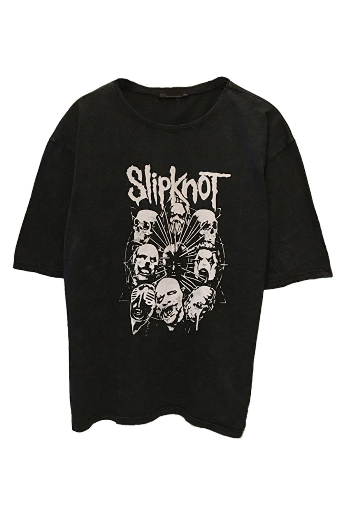 UNİSEX OVERSİZE YIKAMALI KUMAŞ ROCK MÜZİK SLİPKNOT BASKILI GRİ TİŞÖRT