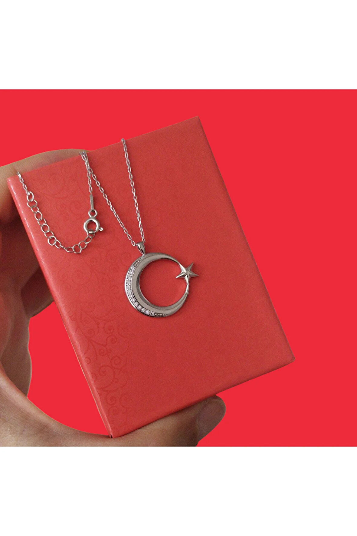 Modahilye 925 Ayar Gümüş Ay Yıldız Tasarım Kolye