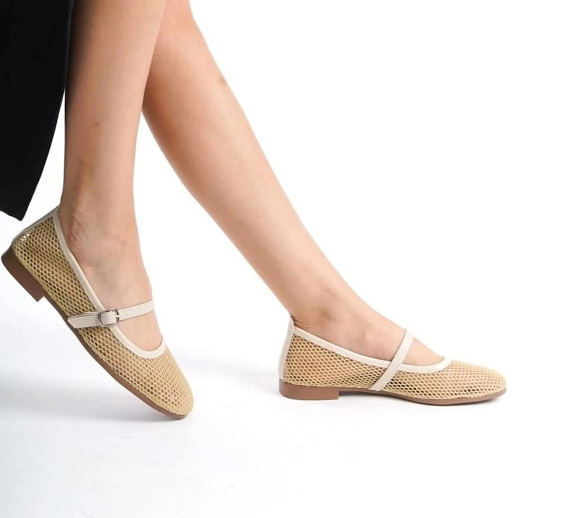 Modern Şık Fileli Esnek Güncel Trend Küt Burun Confort Babet