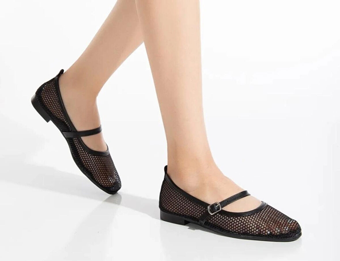 Modern Şık Fileli Esnek Güncel Trend Küt Burun Confort Babet