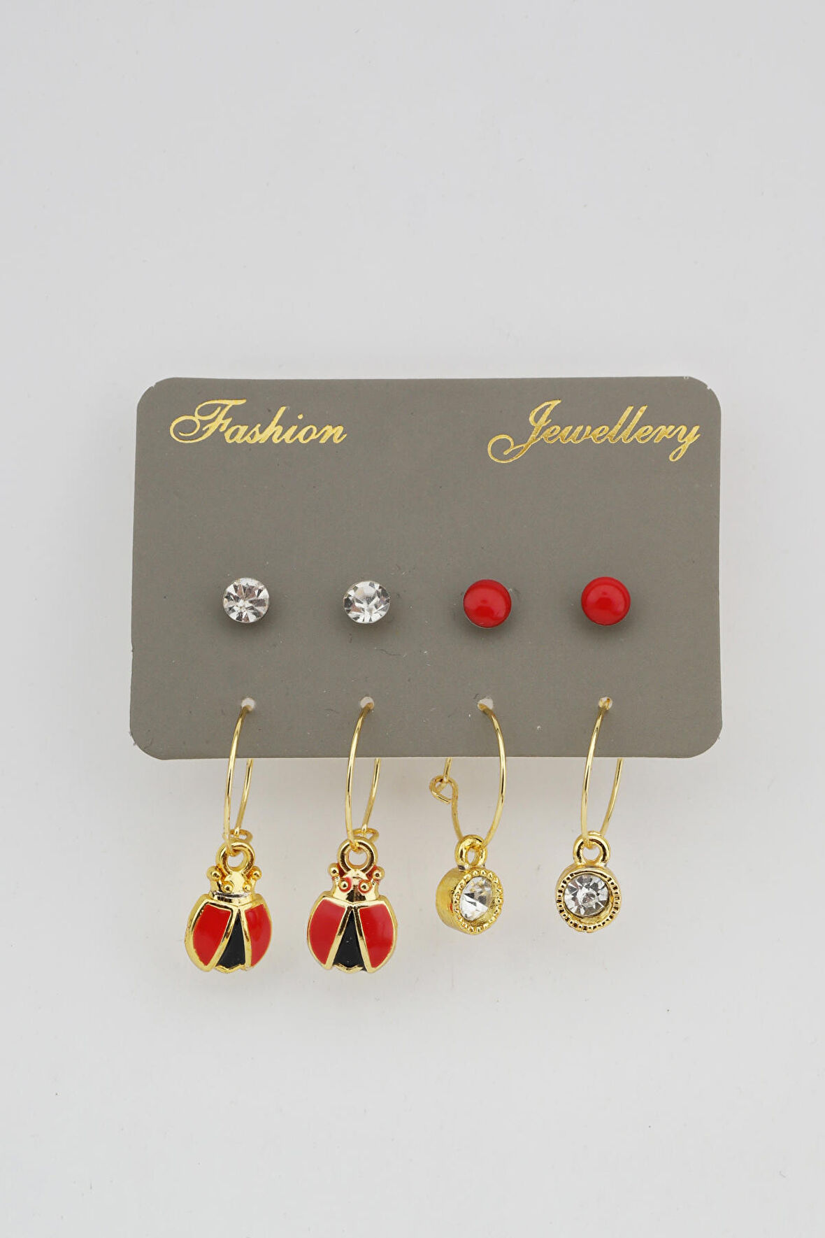 Kadın Uğur Böcekli ve Tek Taş Detaylı 8'li Küpe Set