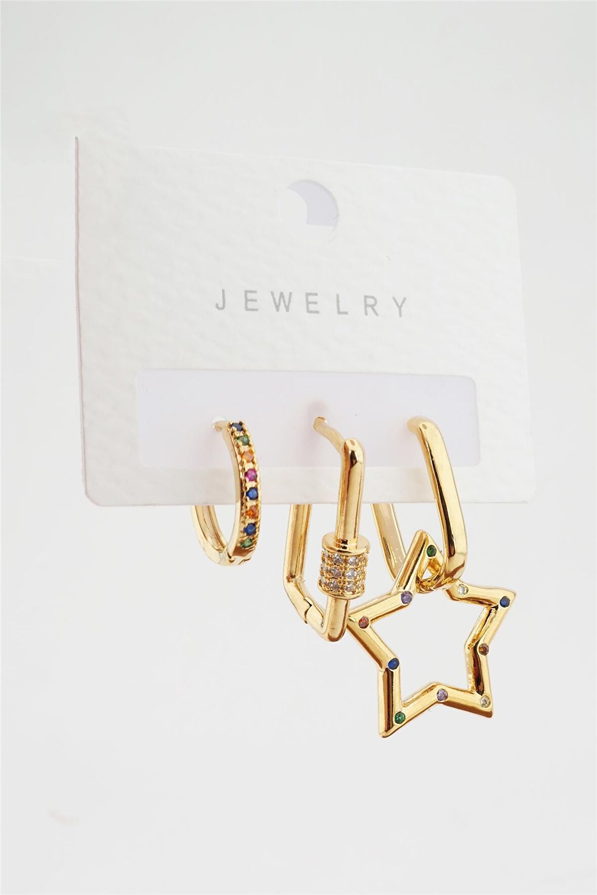 Kadın Kararmaz Altın Kaplama Yıldız Figürlü 3'lı Zirkon Set Küpe