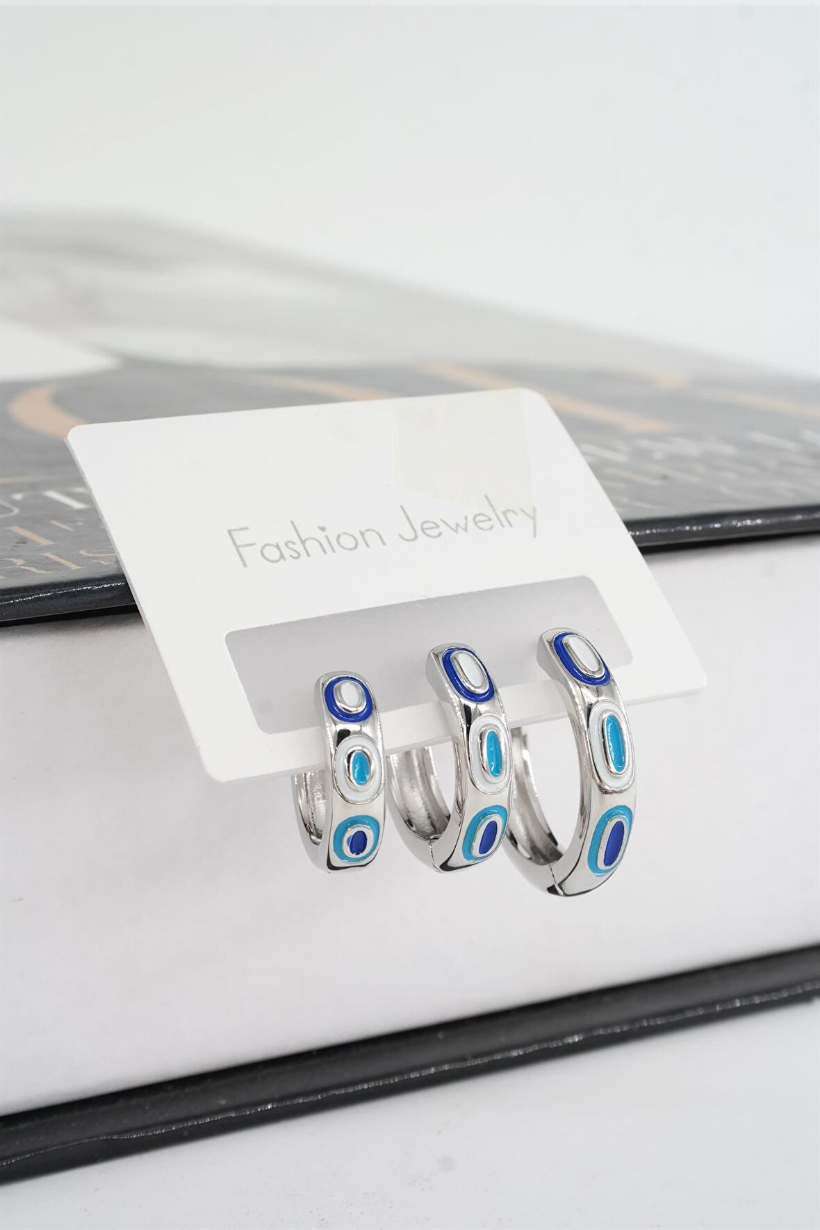 Kadın Vip Seri Mineli Nazar Motifli 3'lü Halka Küpe