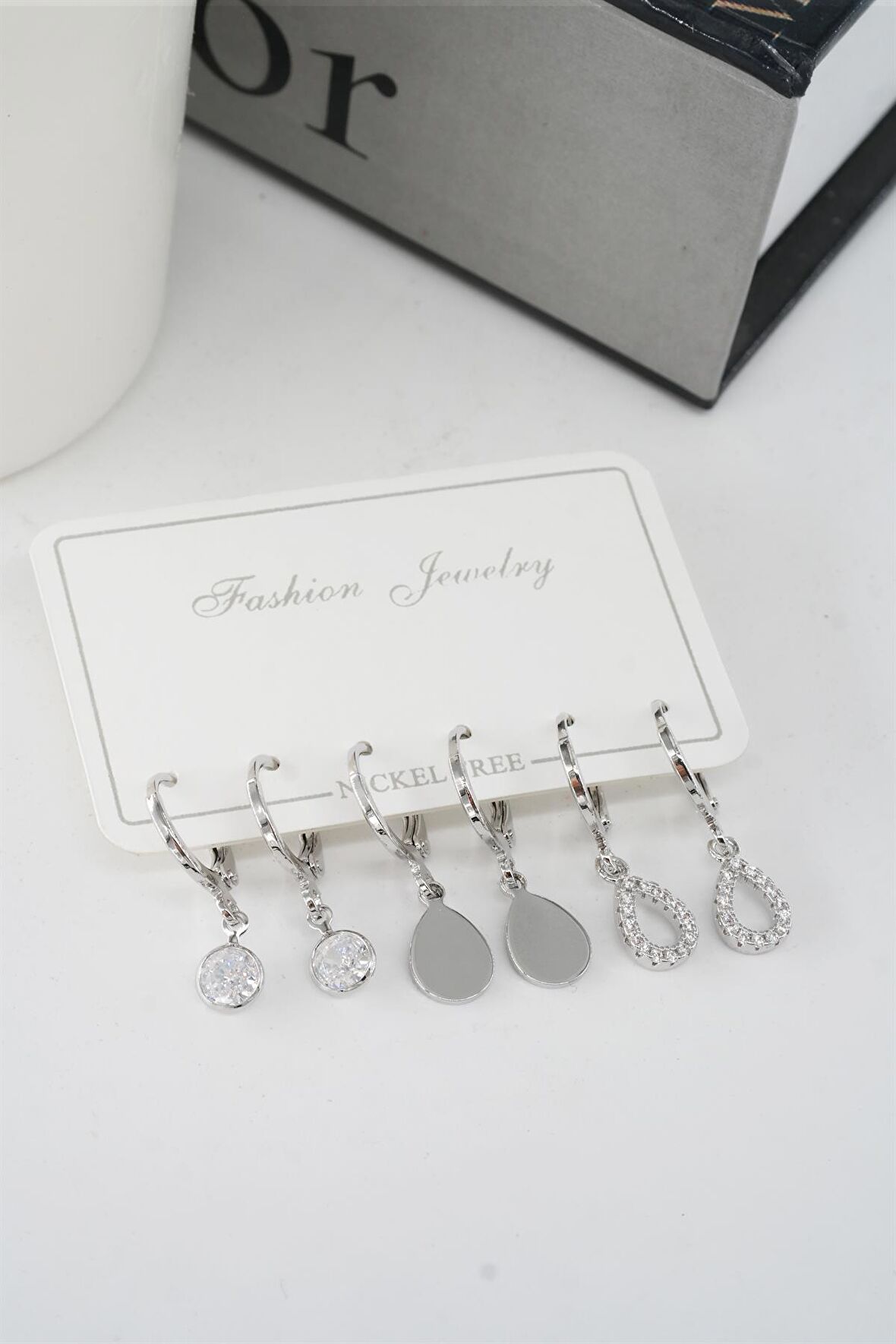 Kadın Zirkon Taşlı Sallantılı Damla Figürlü Klipsli 6'lı Küpe Seti