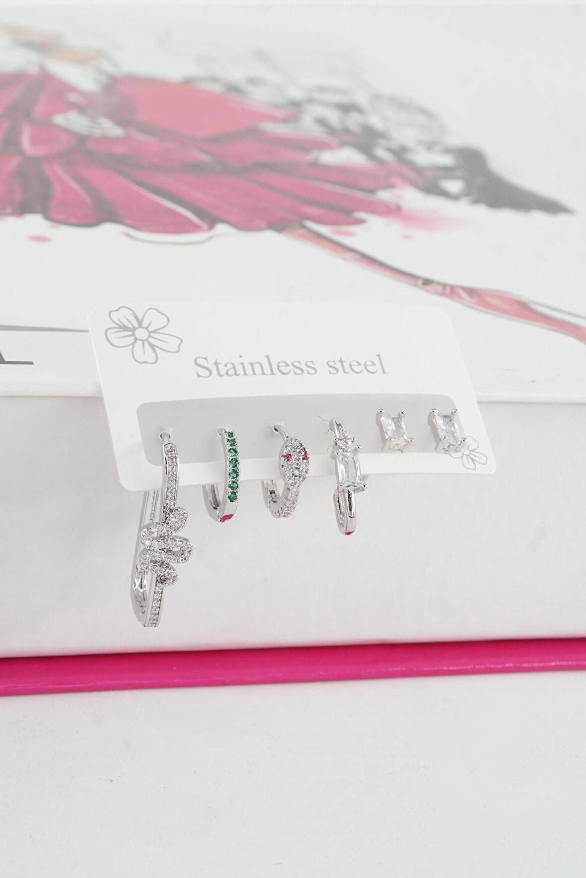 Kadın Vip Seri Özel Tasarım Baget Zirkon Taşlı 6'lı Küpe Seti 009