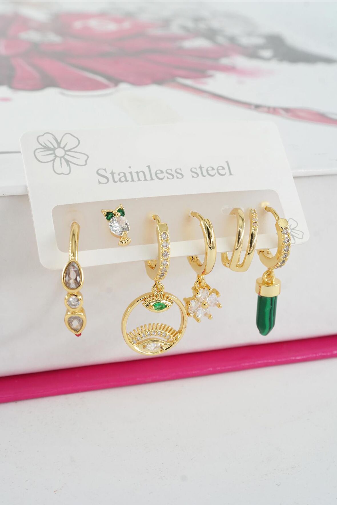 Kadın Vip Seri Özel Tasarım Baget Zirkon Taşlı 6'lı Küpe Seti 018