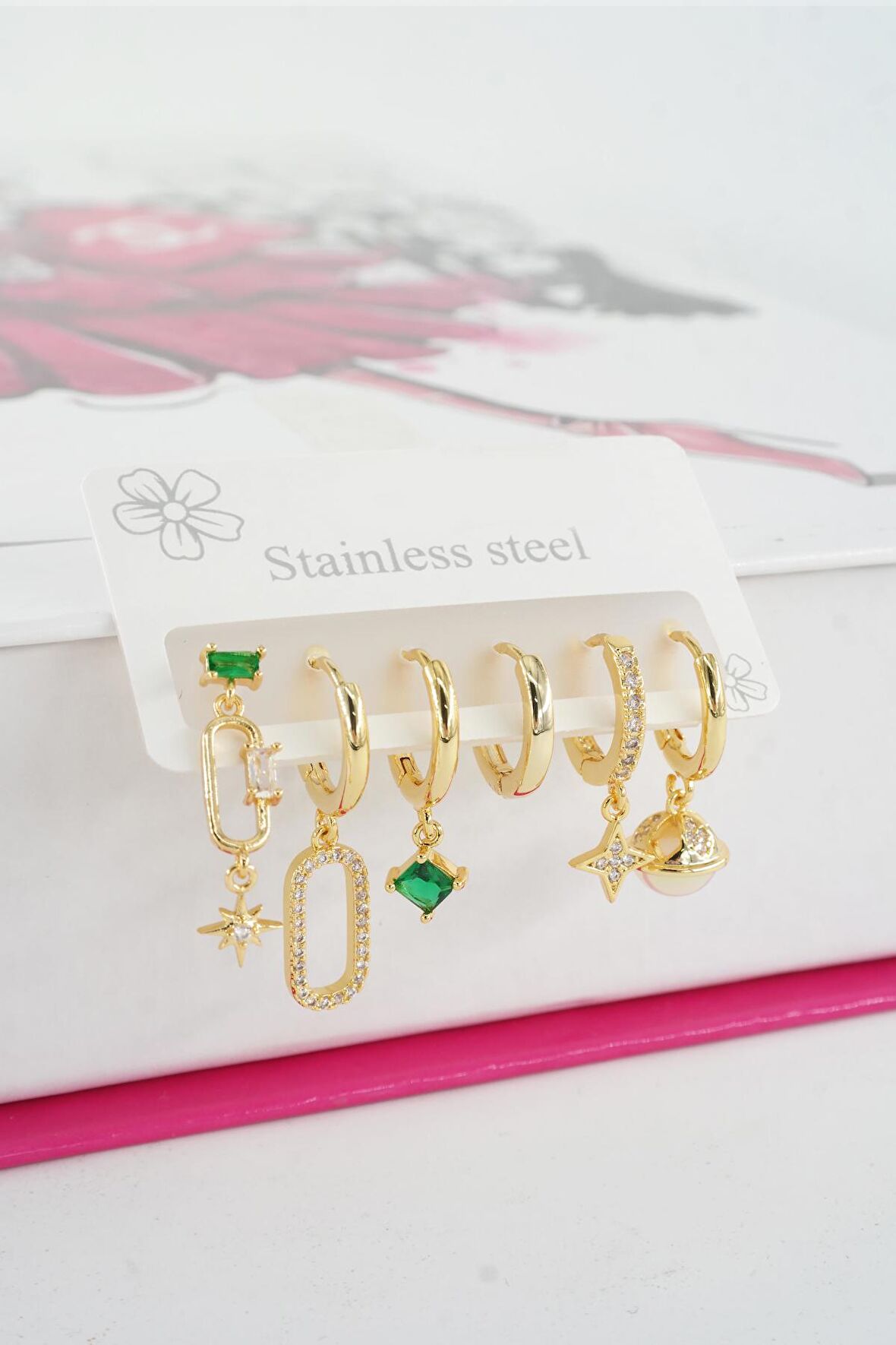 Kadın Vip Seri Özel Tasarım Baget Zirkon Taşlı 6'lı Küpe Seti 026