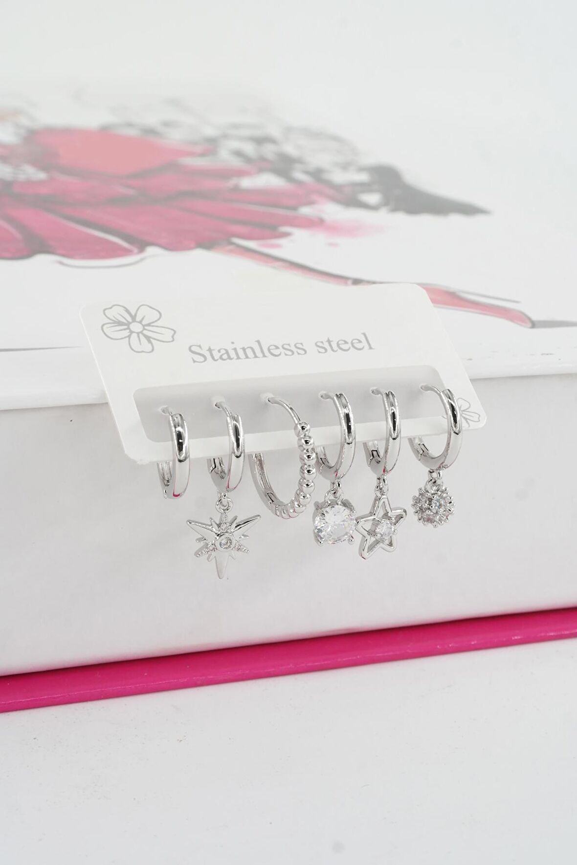 Kadın Vip Seri Özel Tasarım Baget Zirkon Taşlı 6'lı Küpe Seti 032