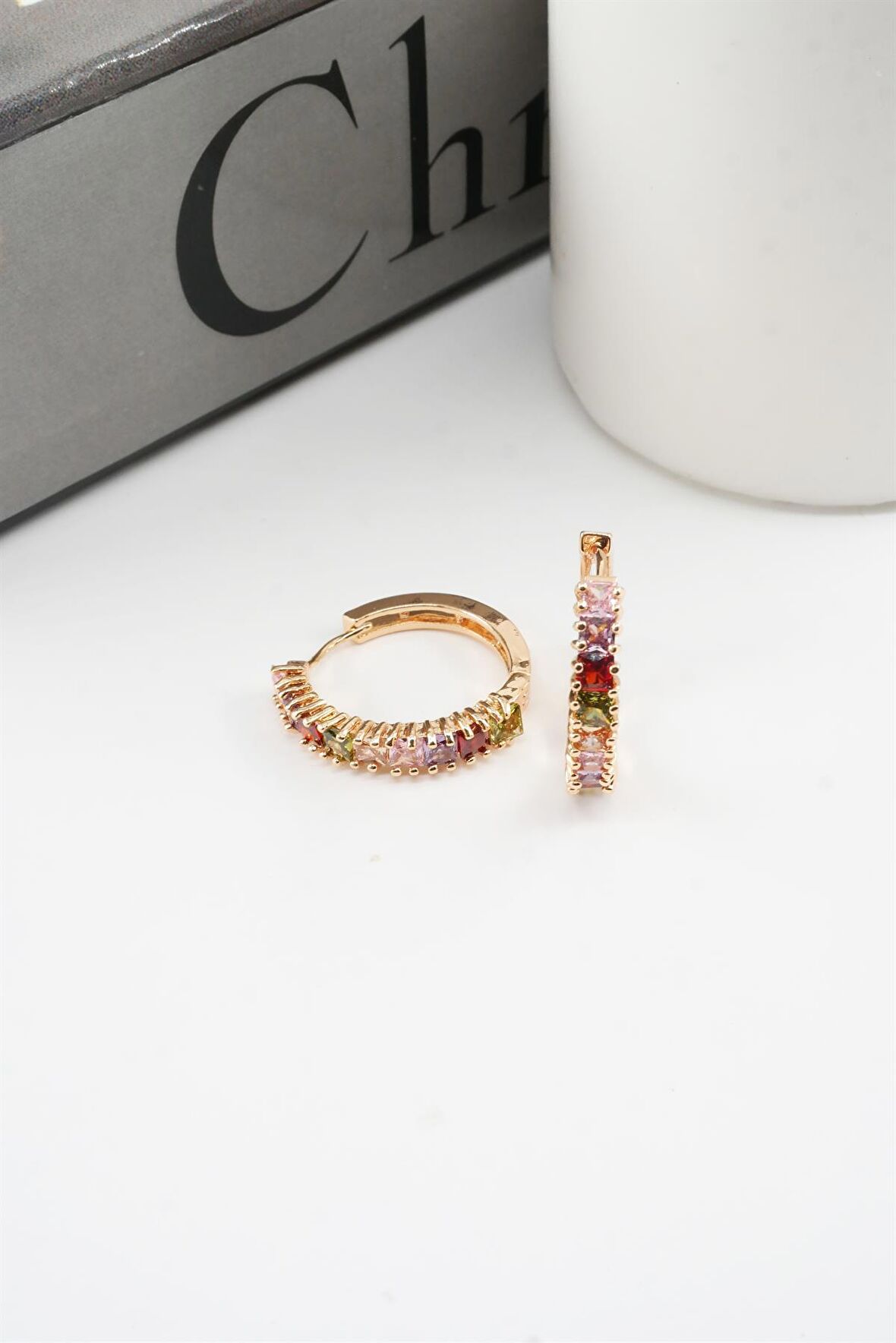 Kadın Vip Seri Baget Renkli Zirkon Taşlı Halka Küpe