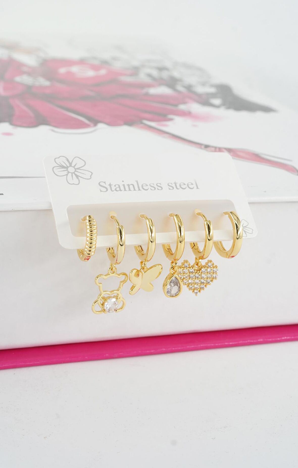 Kadın Vip Seri Özel Tasarım Baget Zirkon Taşlı 6'lı Küpe Seti