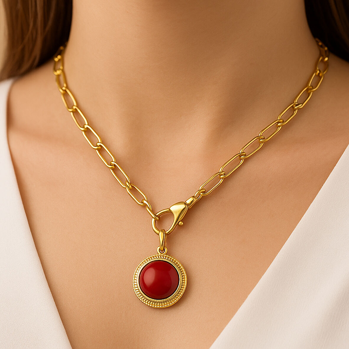 Oval Renkli Taşlı Madalyon Önden Klipsli  Kolye 