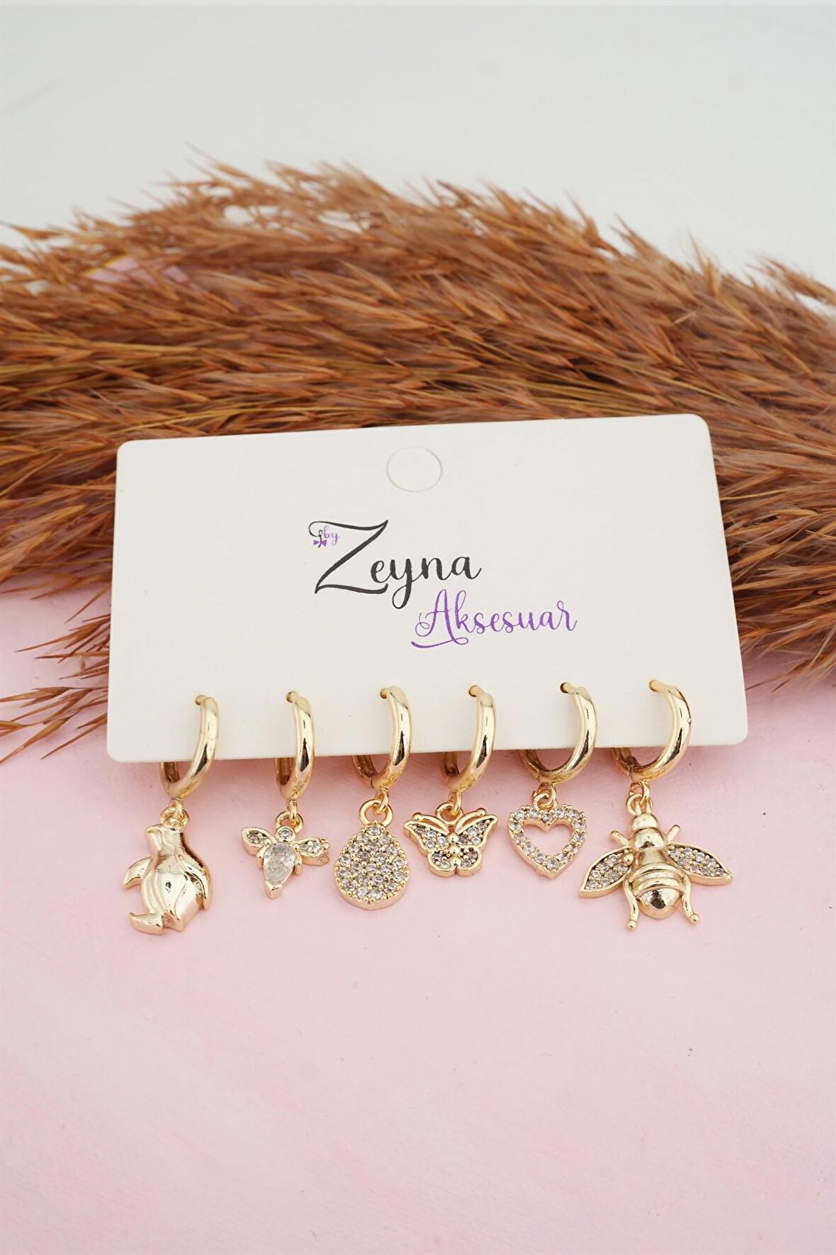 Kadın Karışık Figürlü Zirkon  6'lı Set Küpe