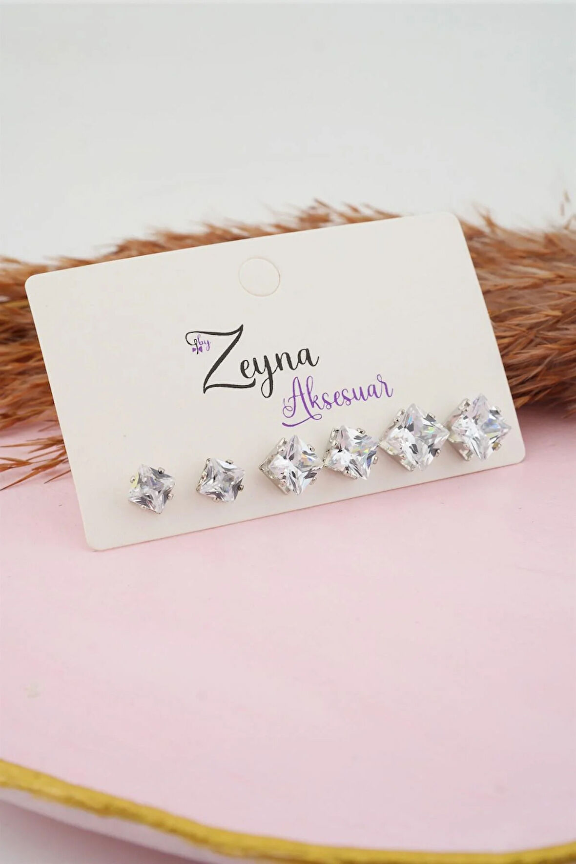 Kadın 3 Boy 6'lı Kare Zirkon Taşlı Küpe Set TKR001