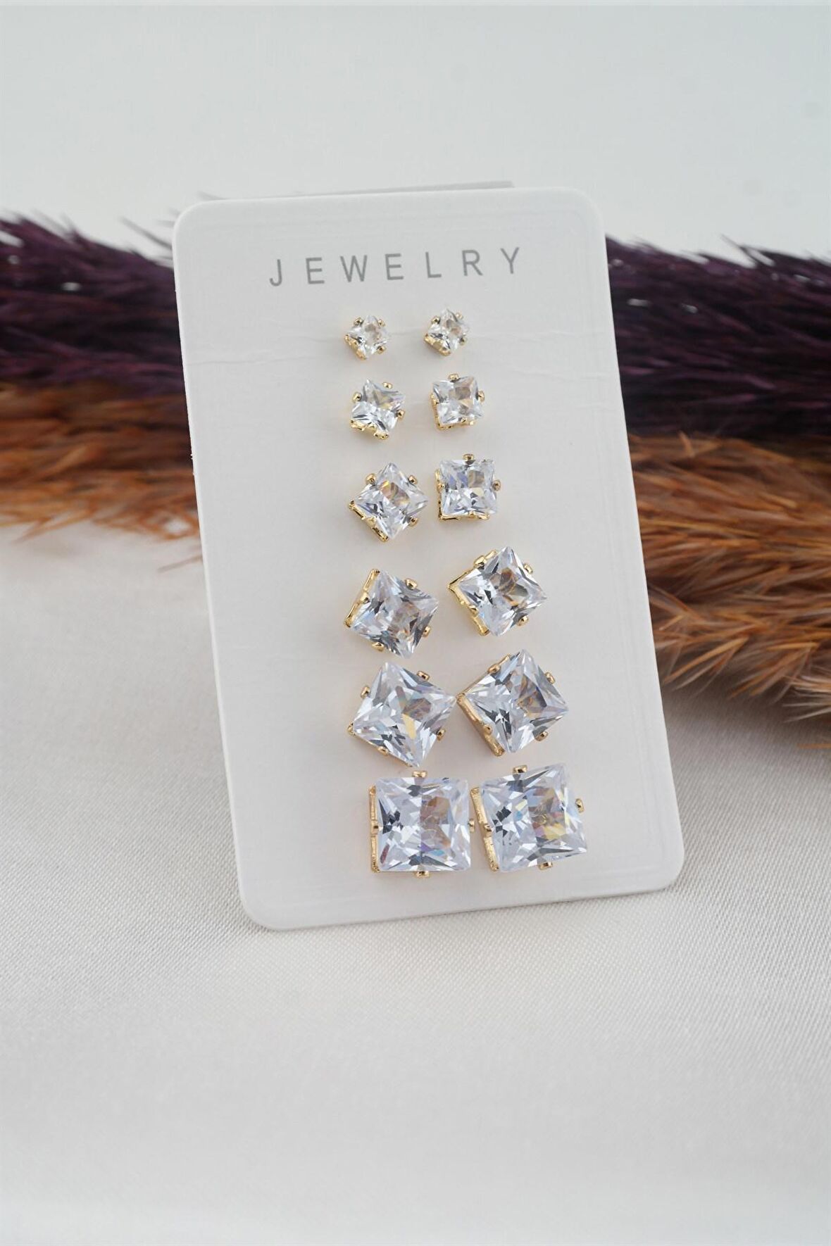 Kadın 6 Boy 12 Adet Kare Zirkon Taşlı Küpe Seti