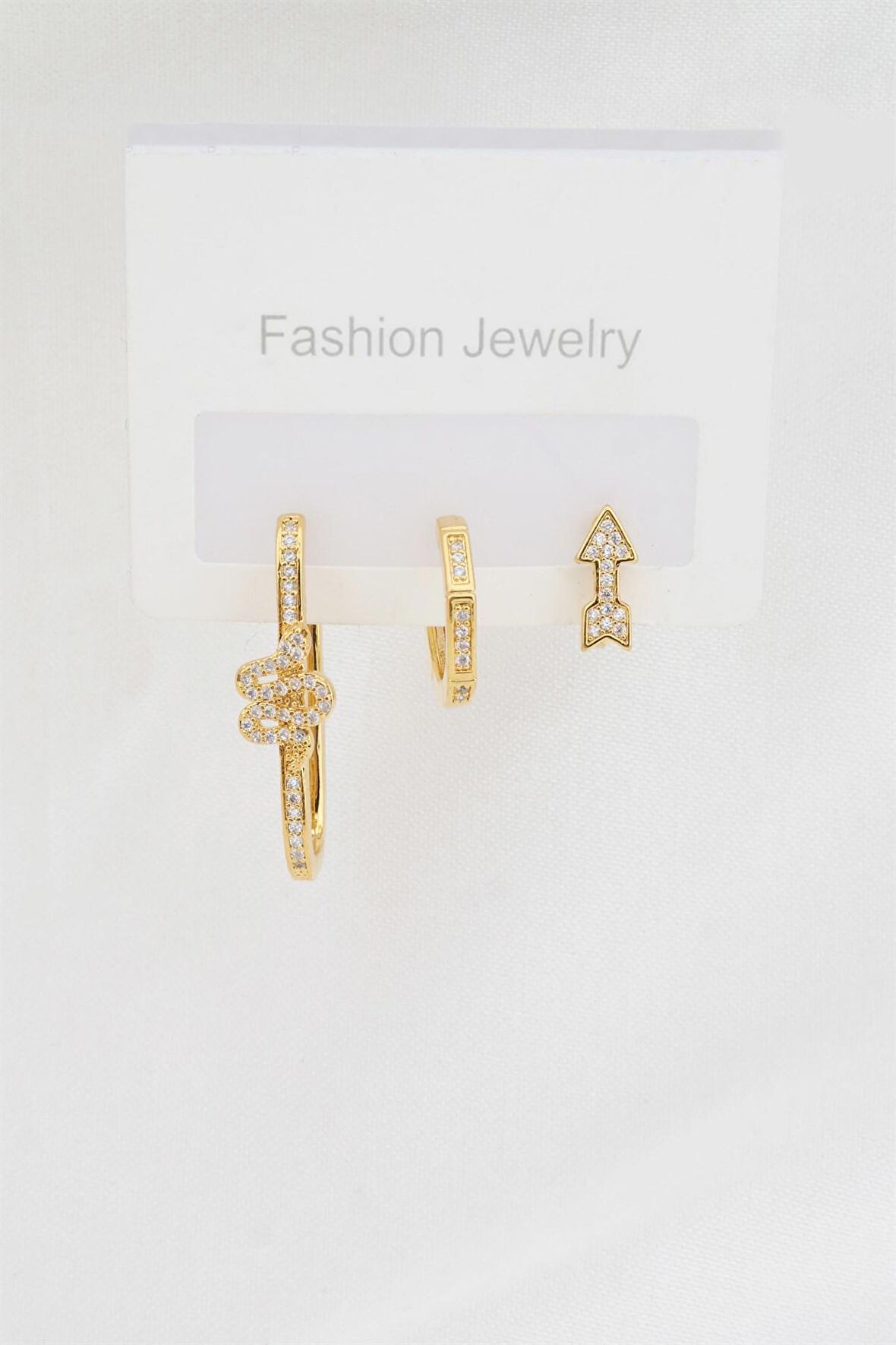 Kadın Altın Kaplama Zirkon Taşlı Yılan Model ve Kıkırdak Ok 3'lü Küpe Set