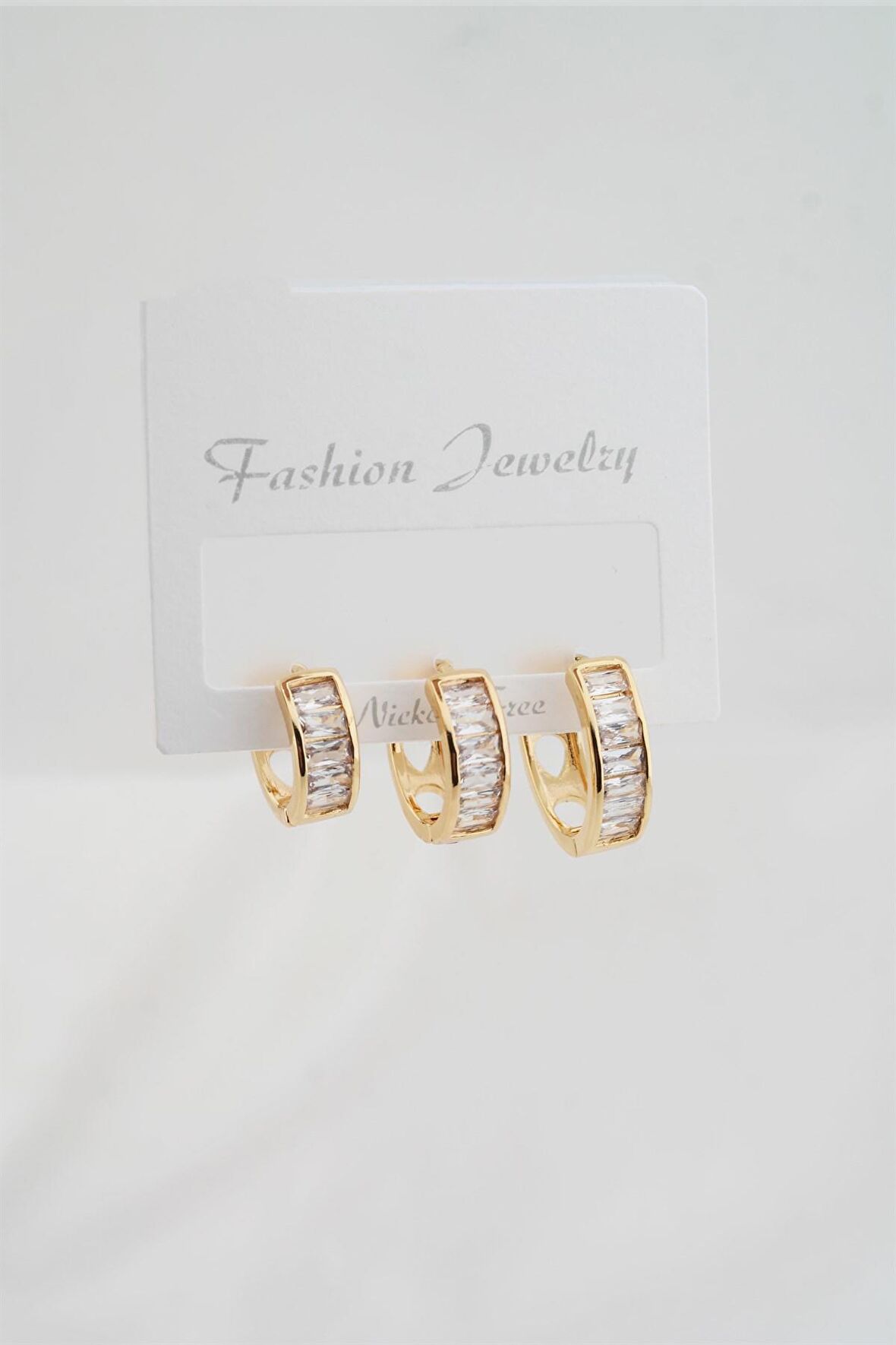 Kadın Altın Kaplama Baget Zirkon Taşlı Figürlü 3 Boy Küpe Seti