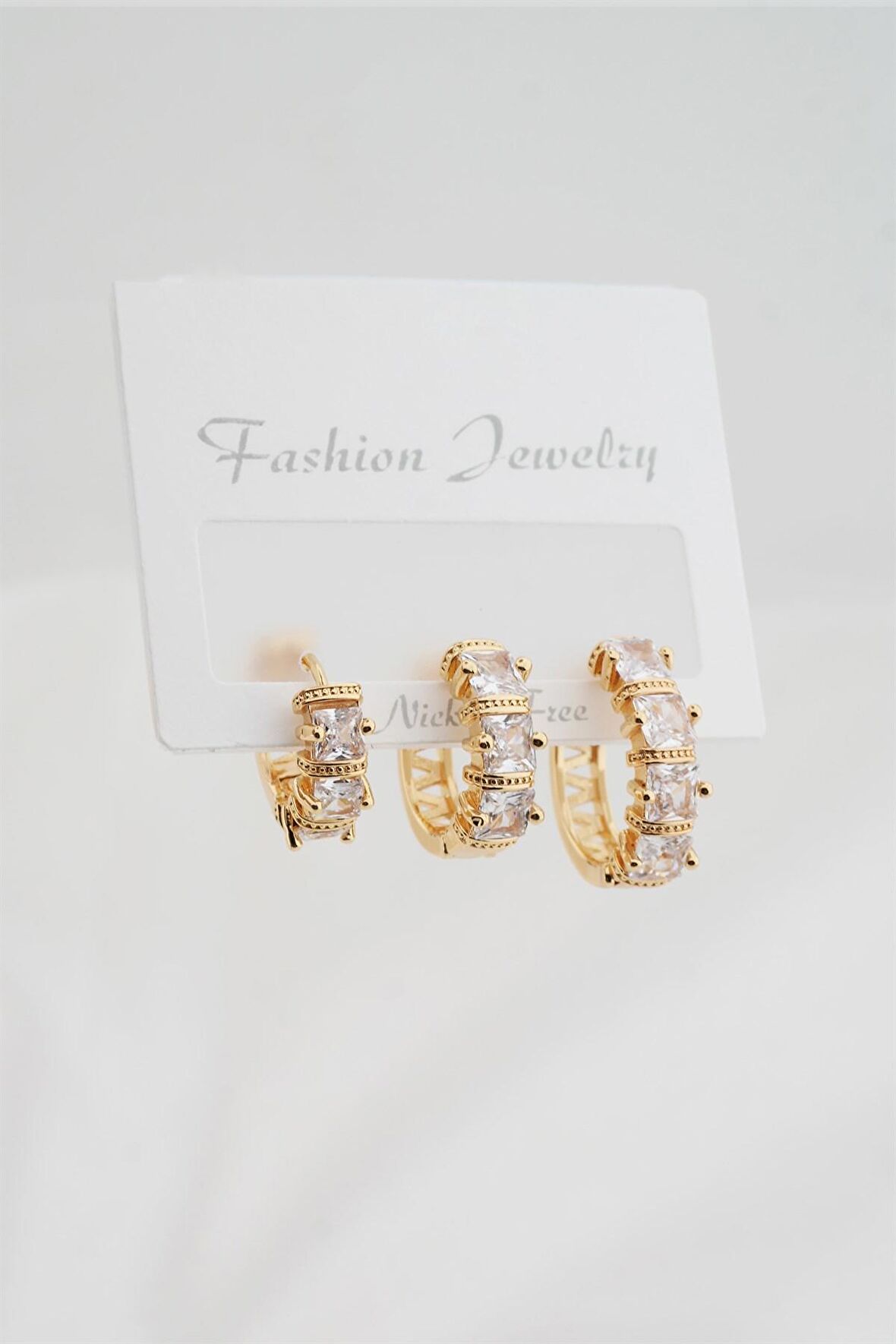 Kadın Altın Kaplama Baget Zirkon Taşlı Figürlü 3 Boy Küpe Seti