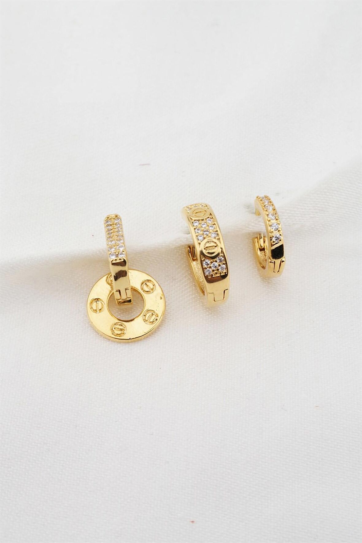 Kadın Altın Kaplama Zirkon Taşlı 3'lü Küpe Seti