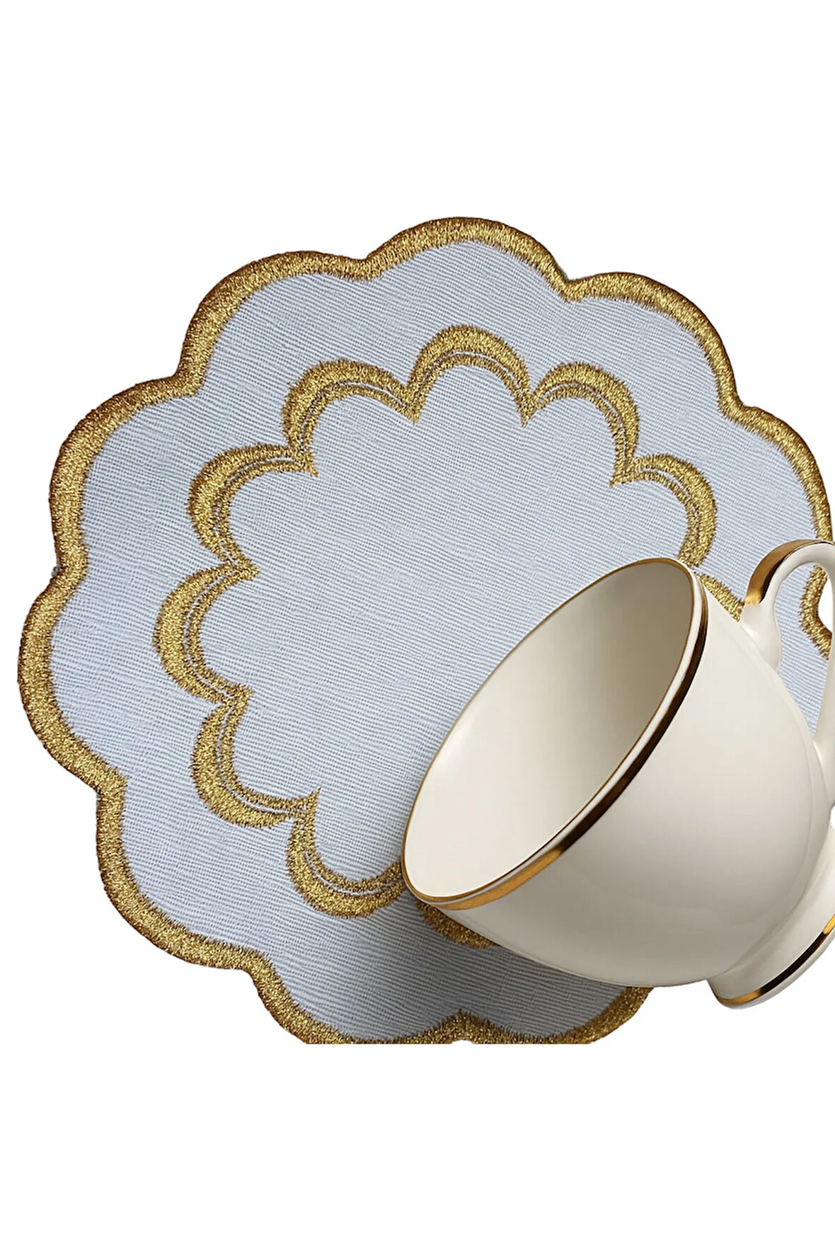 (6 Adet) Keten Kumaş Üzeri Nakışlı Kahve Yanı Sunumluk Kokteyl Peçetesi & Bardak Altlığı