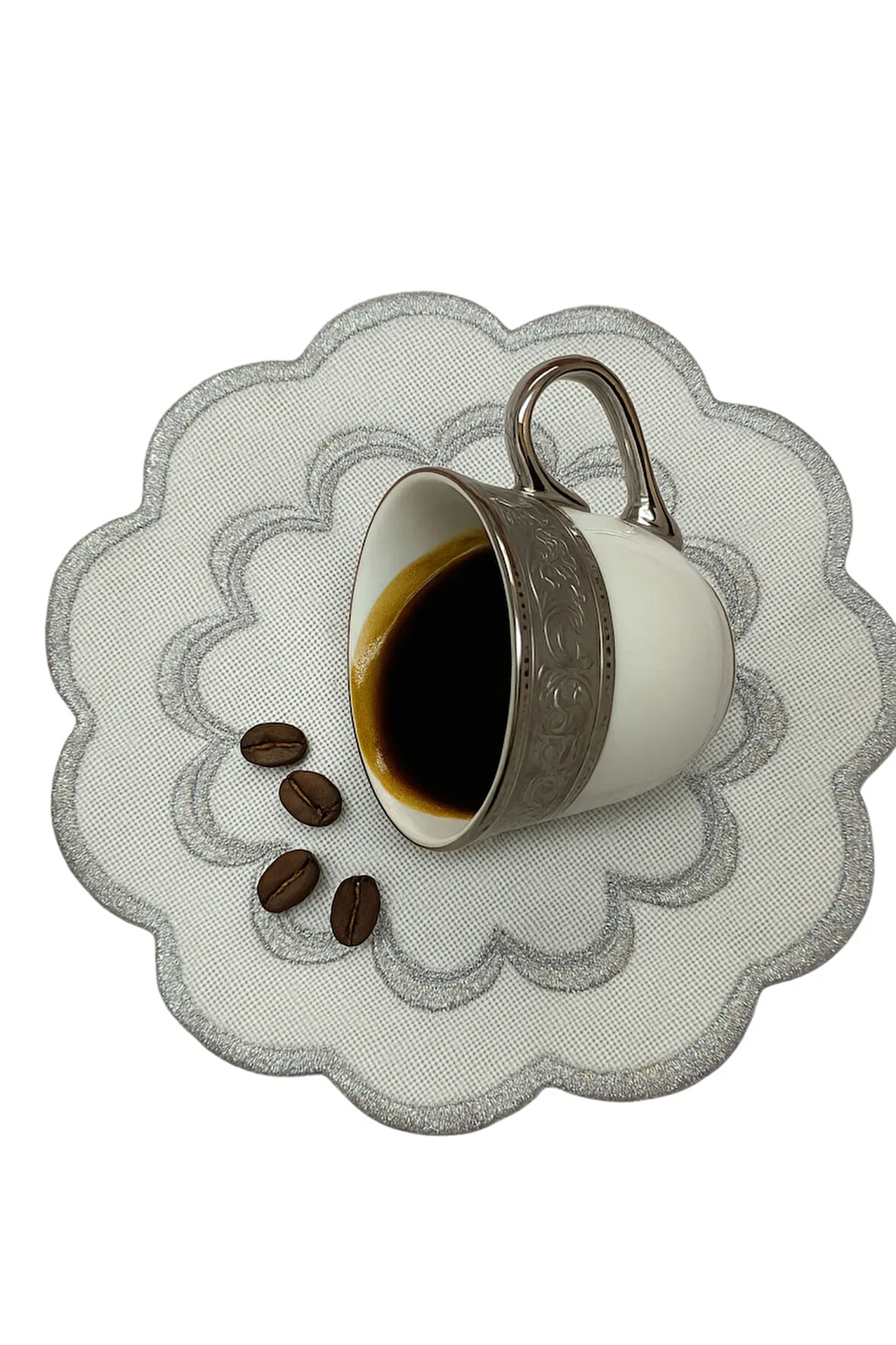 (6 Adet) Keten Kumaş Üzeri Nakışlı Kahve Yanı Sunumluk Kokteyl Peçetesi & Bardak Altlığı