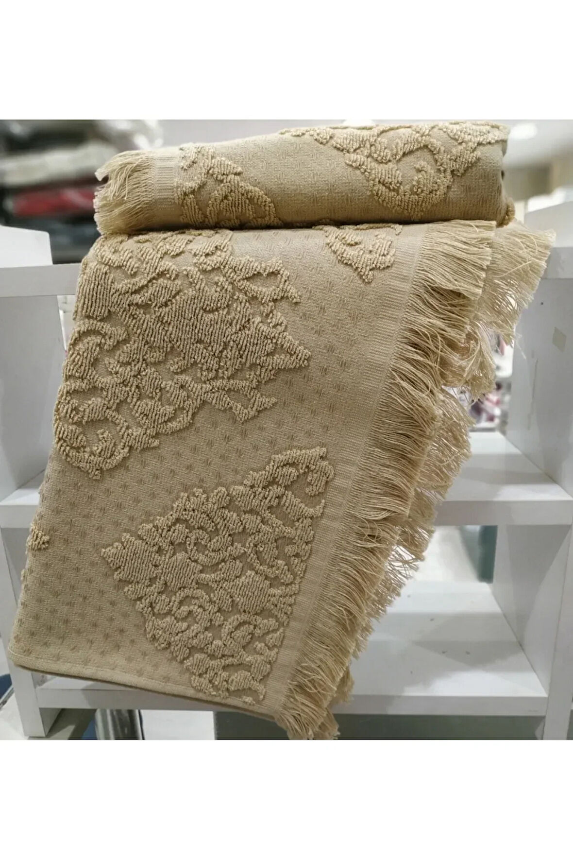 (2 Adet) Delfino Saçaklı El Yüz Havlusu 50x90cm Bej