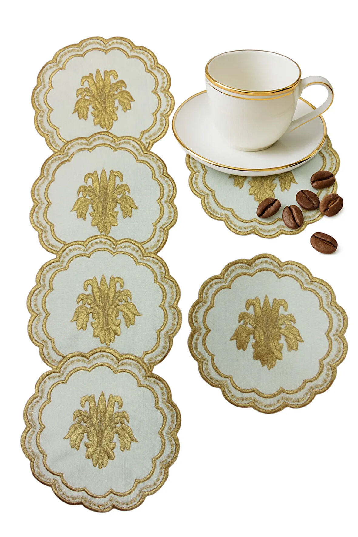 (6 Adet) Keten Kumaş Üzeri Nakışlı Kahve Yanı Sunumluk Kokteyl Peçetesi