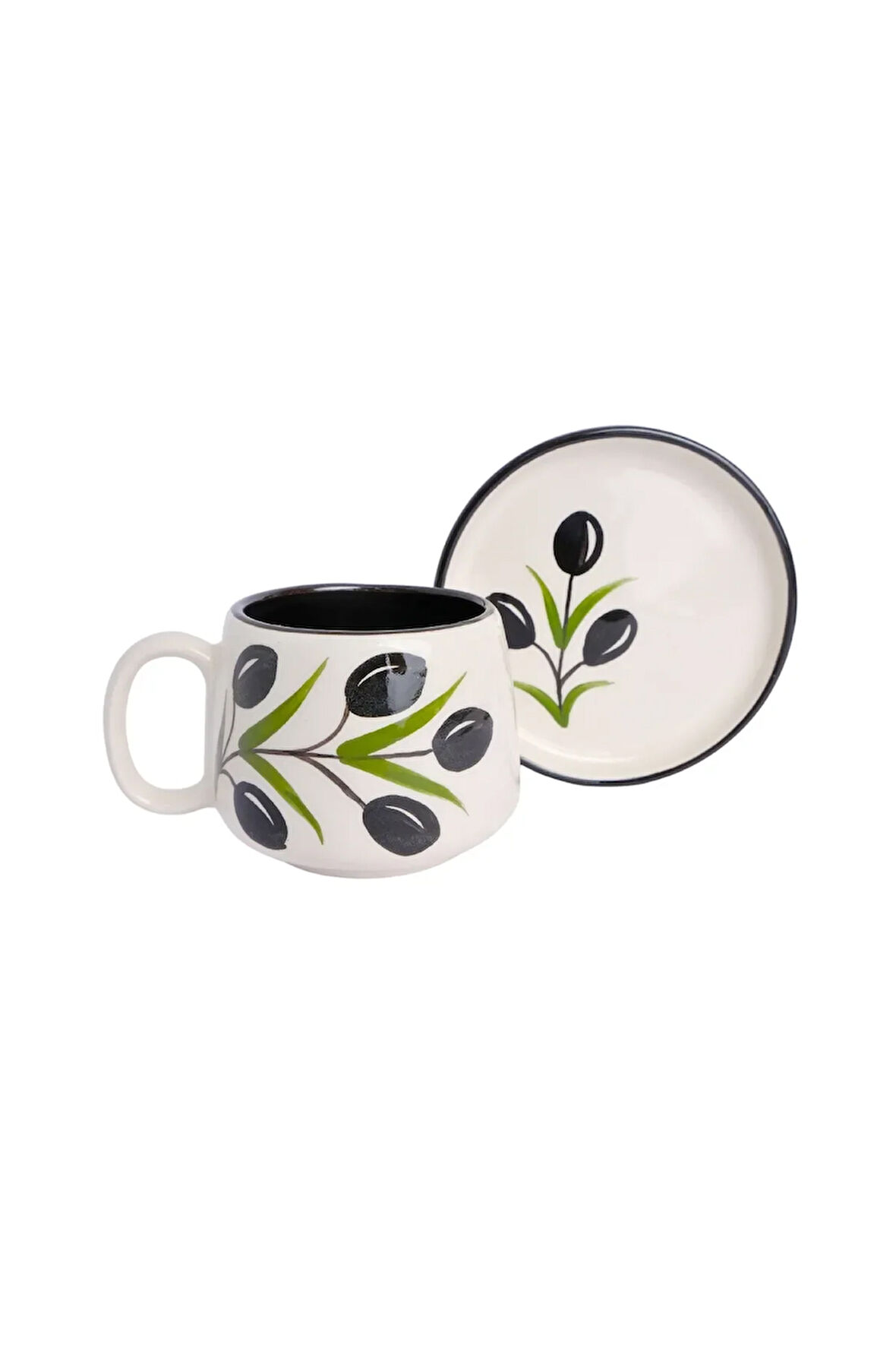Zeytin Desenli Tabaklı Double Seramik El Yapımı Kupa, Seramik Kupa, Handmade, Kahve Kupası