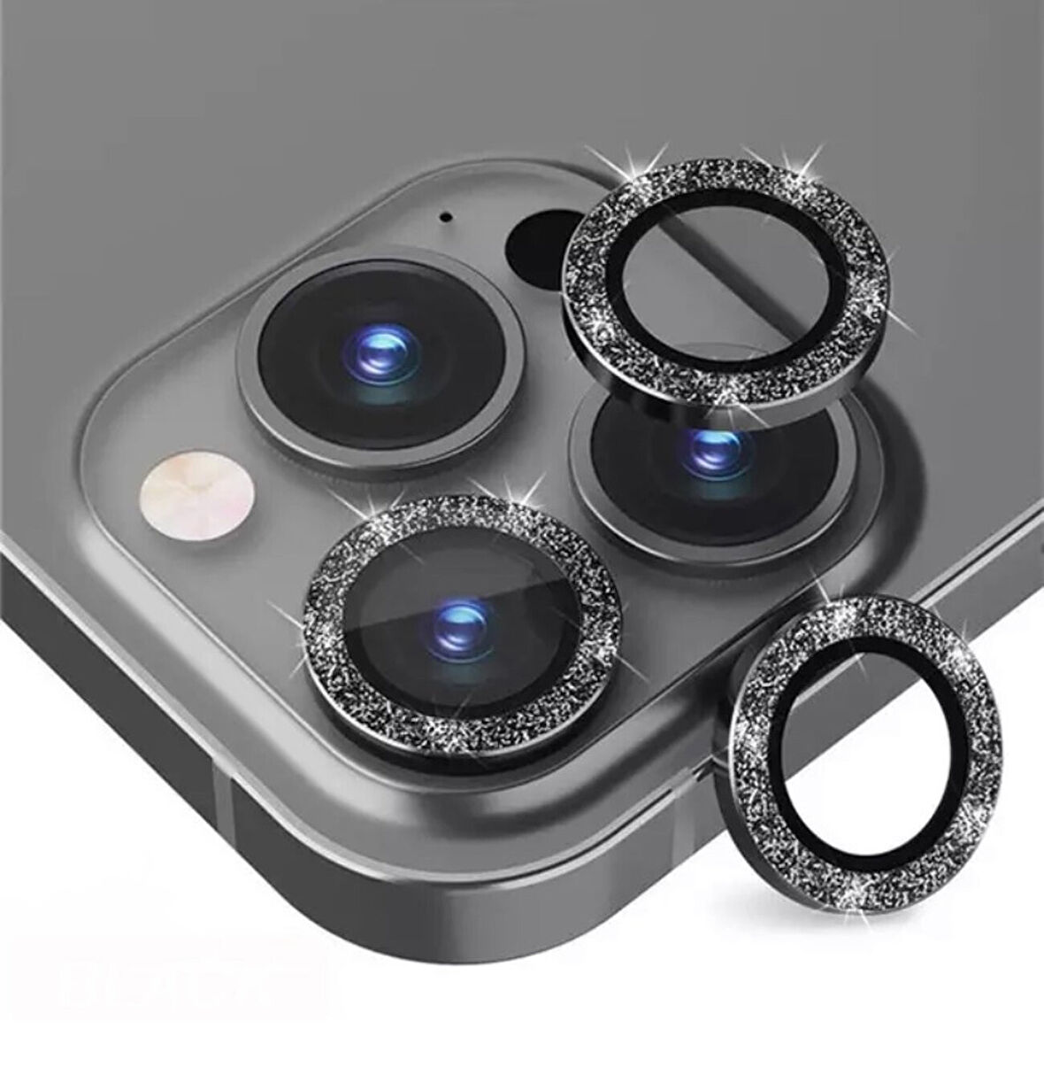 Iphone 16 Pro ve 16 Pro Max Siyah (Black) Titanyum Uyumlu Taşlı Kamera Lens Koruyucu Cam