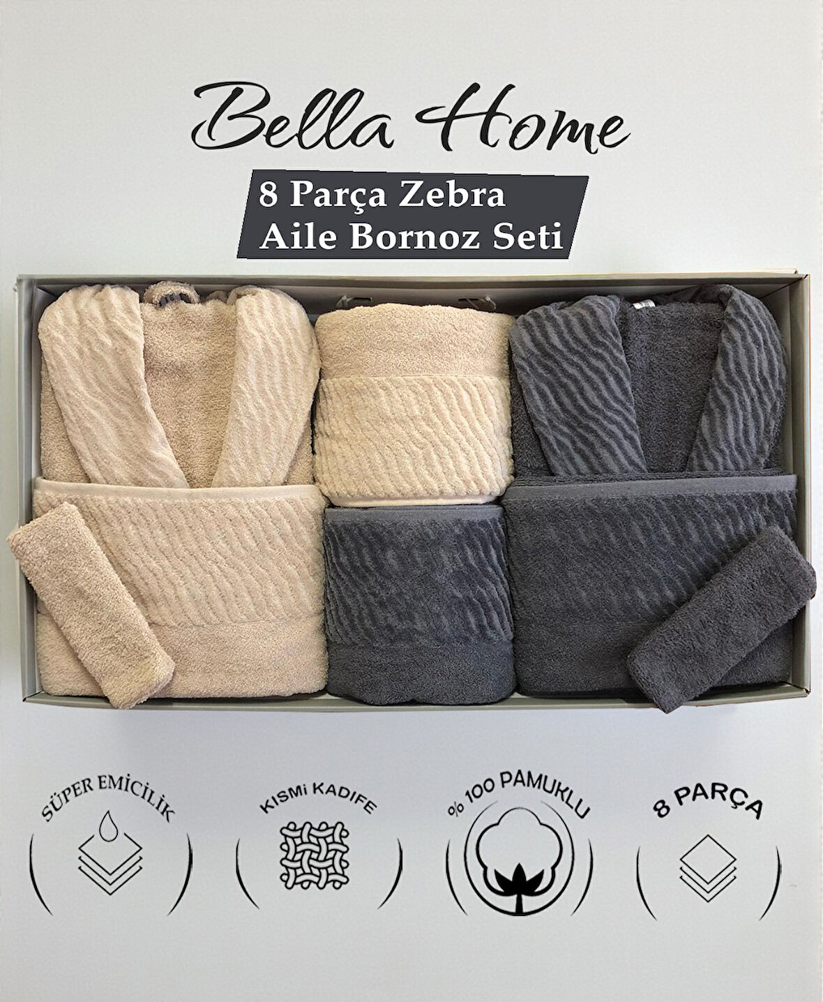 Bella Home 8 Parça Zebra Aile Bornoz Seti - %100 Pamuk - Orijinal Lüks Kutu