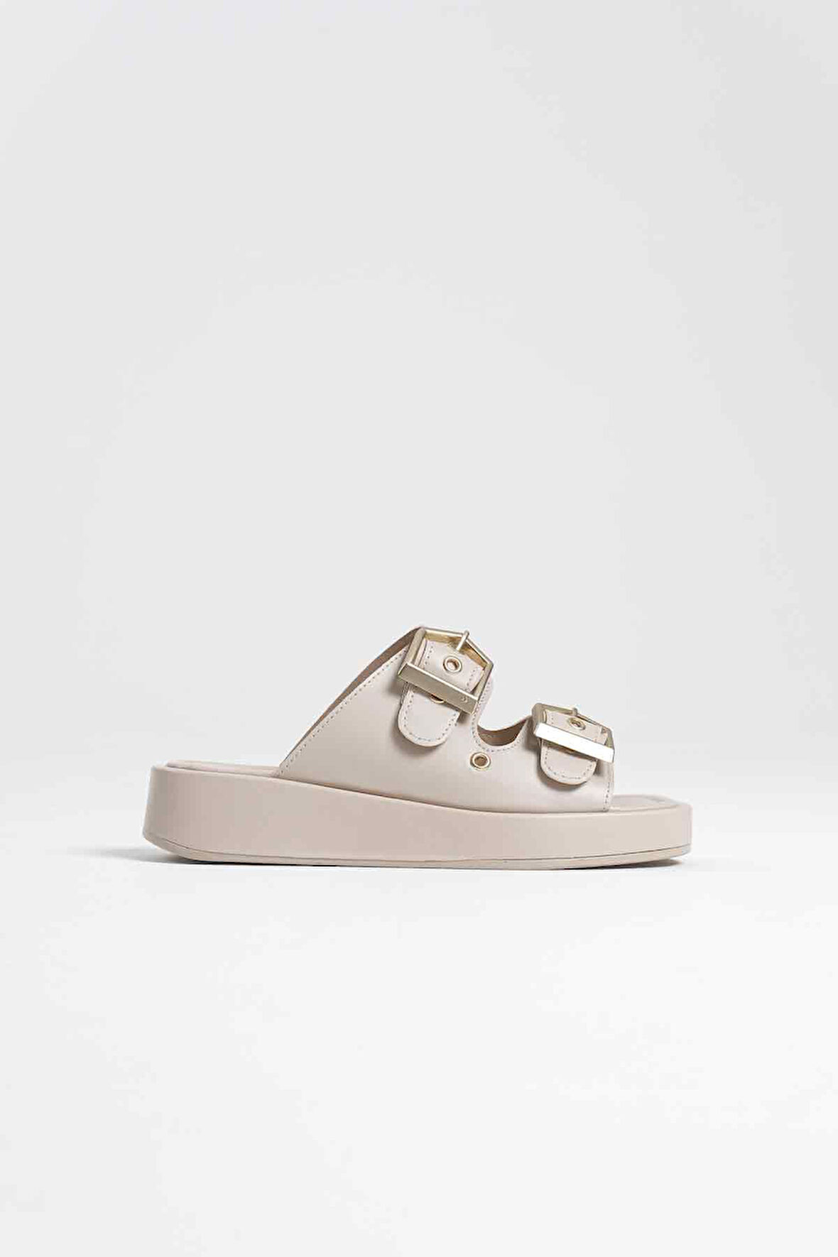 Glos Premium Çift Tokalı Bej Kadın Terlik