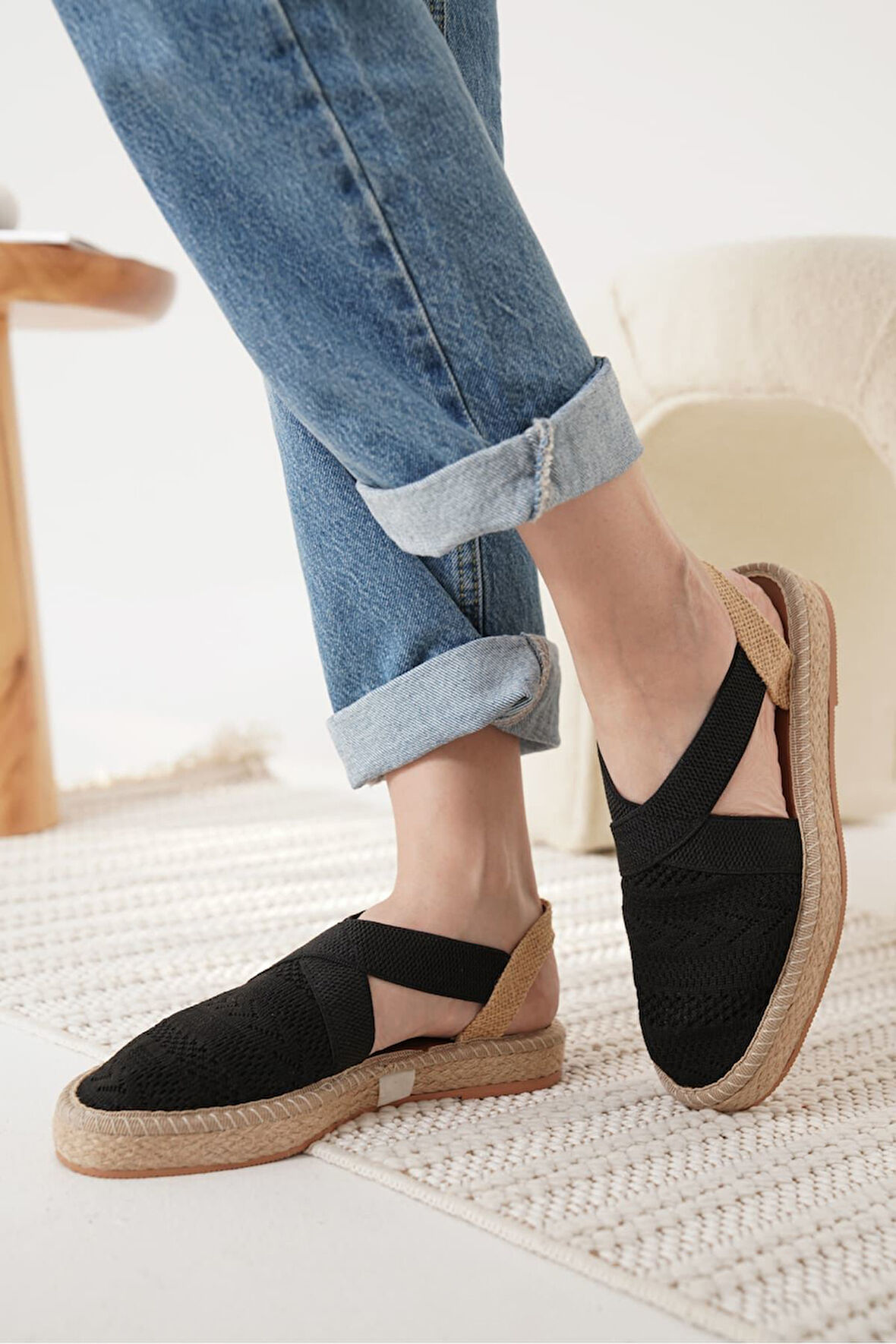 Rosa Premium Keten Rahat Siyah Kadın Sandalet 