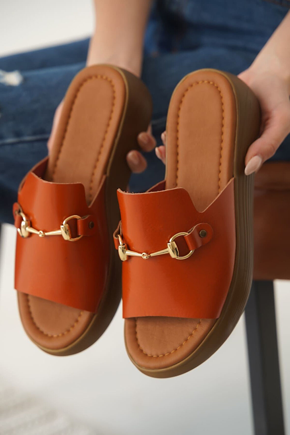 Nelly Premium Kiremit Hakiki Deri Terlik