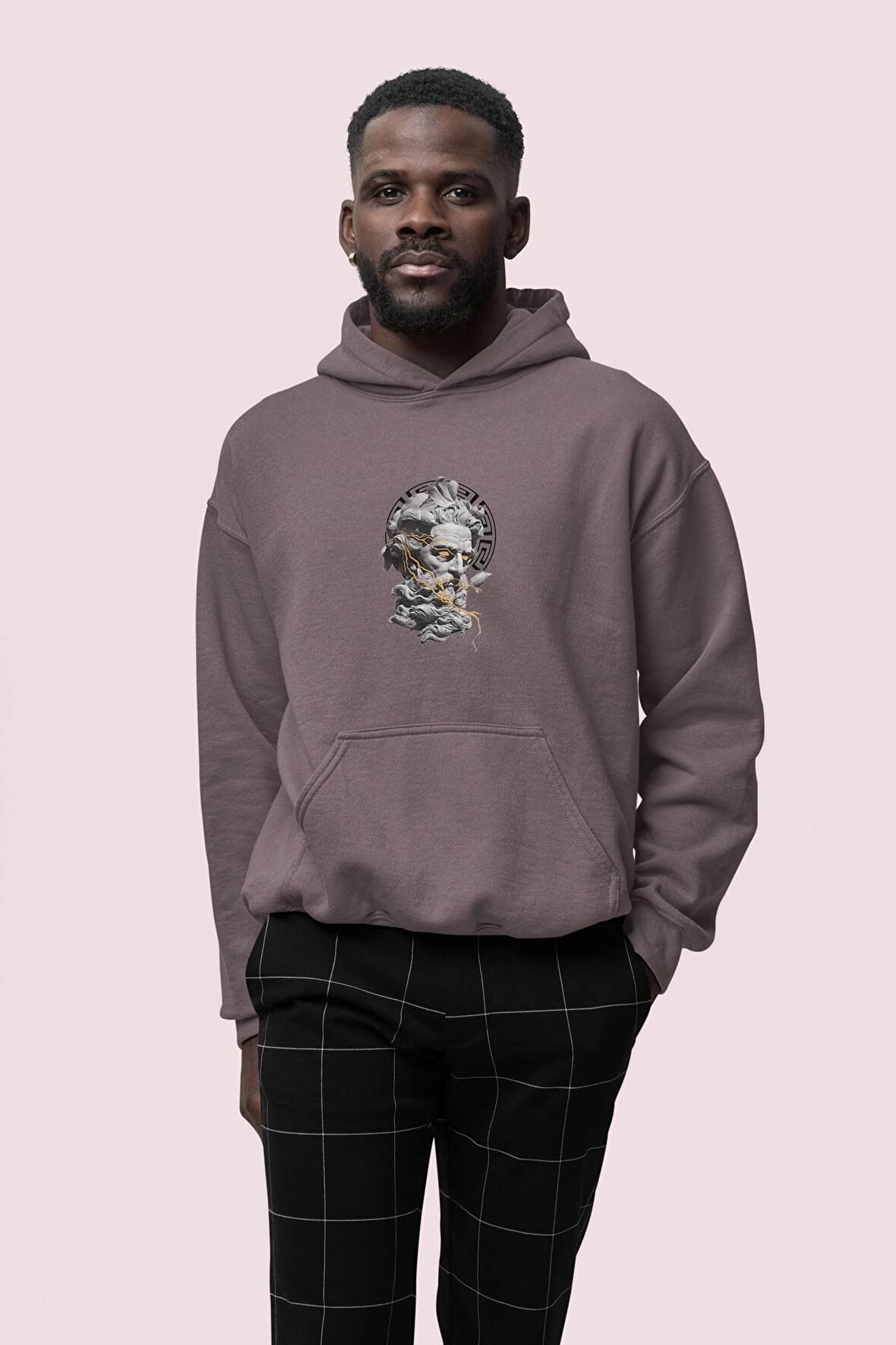 Zeus Baskılı Gri Erkek Kapüşonlu 3 iplik Şardonlu Ribanalı Sweatshirt Hoodie