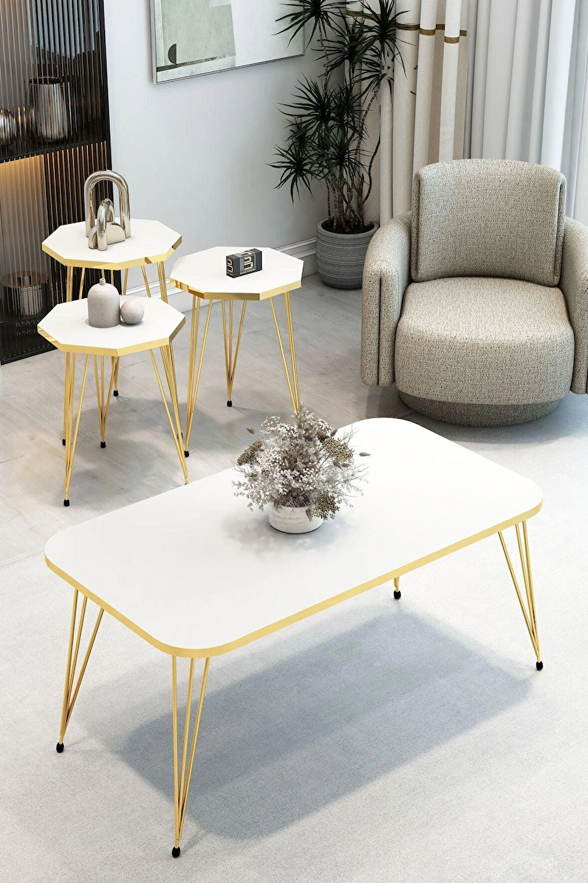 3'Lü Sekizgen Zigon Sehpa ve Dikdörtgen Orta Sehpa Takımı Modern Gold Metal Ayaklı Salon Sehpa Seti
